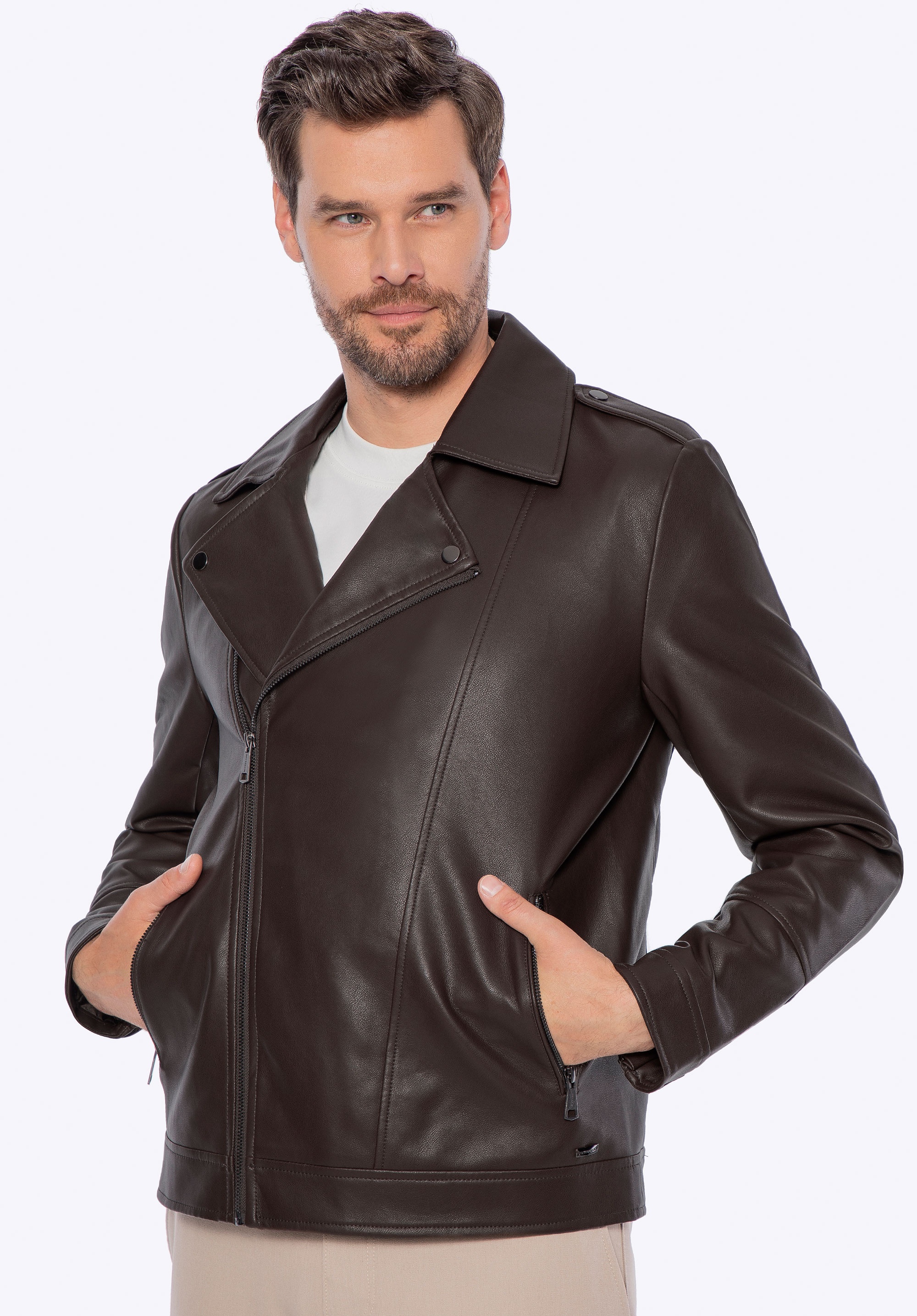 Męska ramoneska z ekoskóry z pagonami ciemny brąz