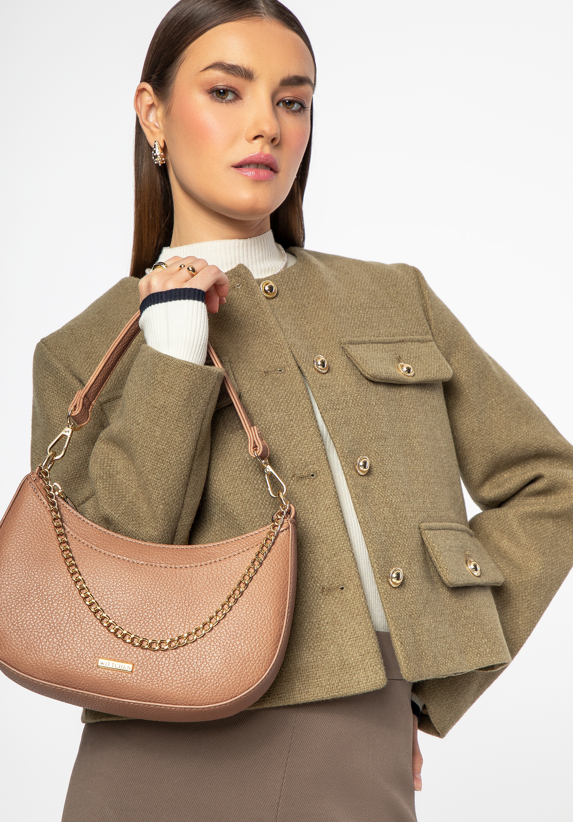 Damska torebka bagietka z łańcuszkiem beżowa