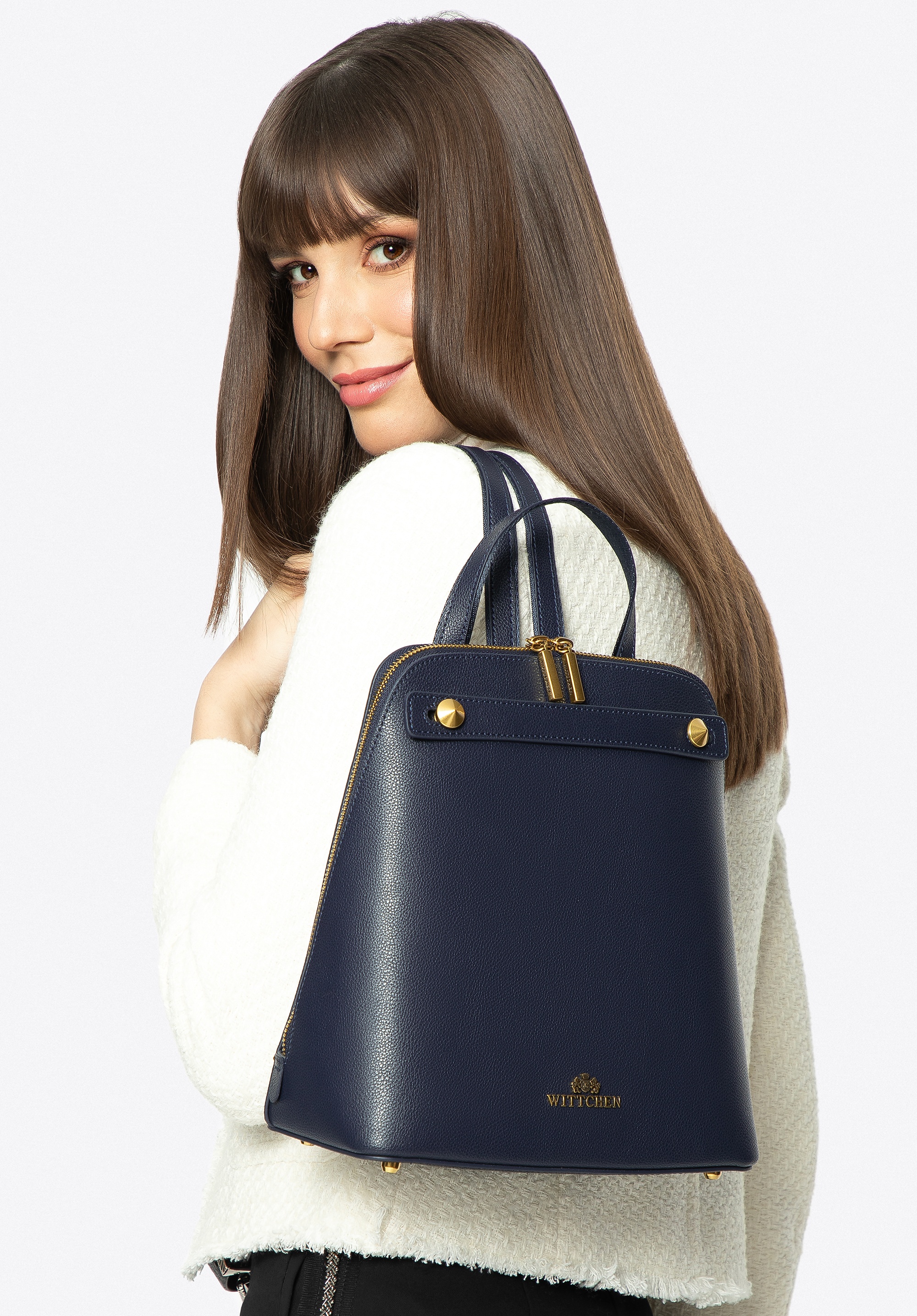 Damski plecak ze skóry trapezowy granatowy