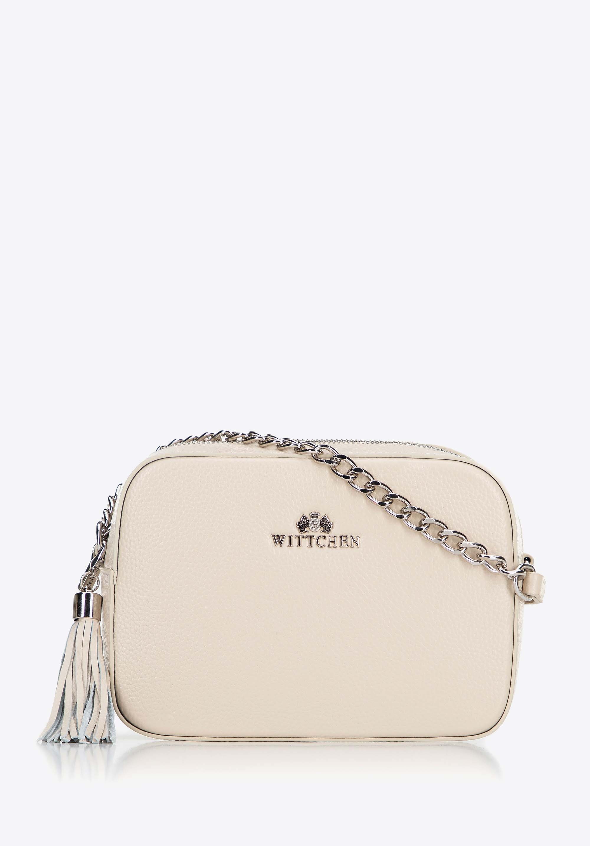 Damska listonoszka skórzana pudełkowa na łańcuszku złamana biel