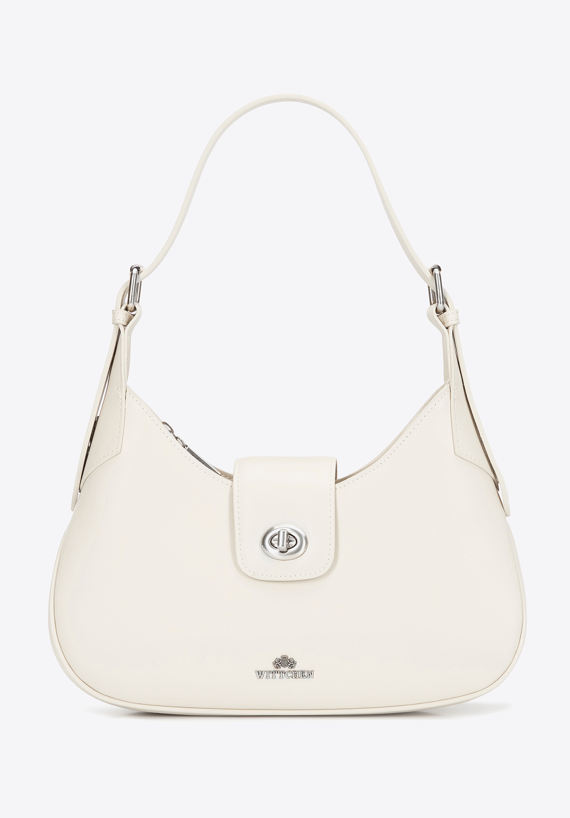 Skórzana torebka na ramię z odpinanym paskiem kremowo - srebrna