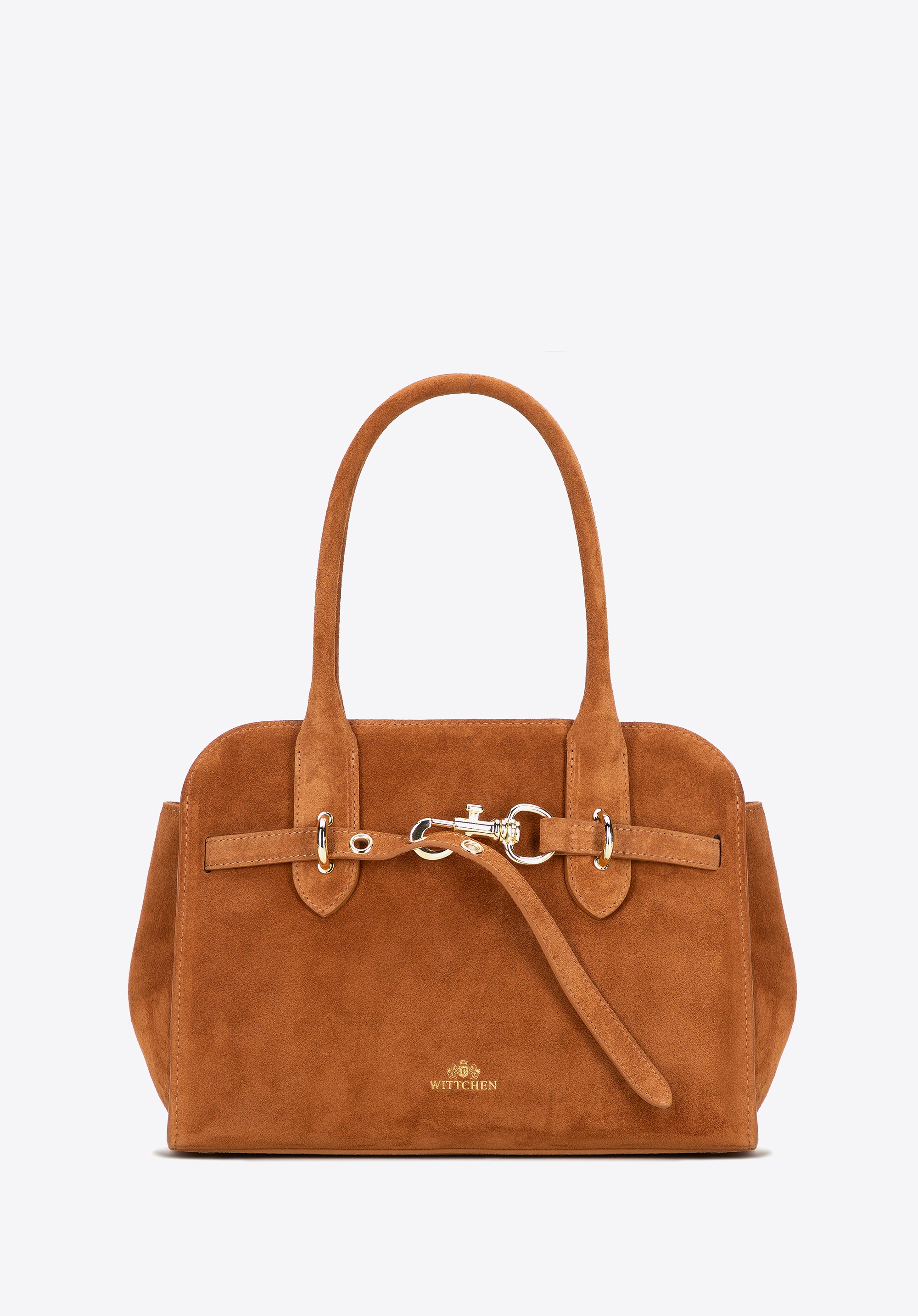 Damski kuferek ze skóry zamszowej z dekoracyjnym zapięciem jasny brąz