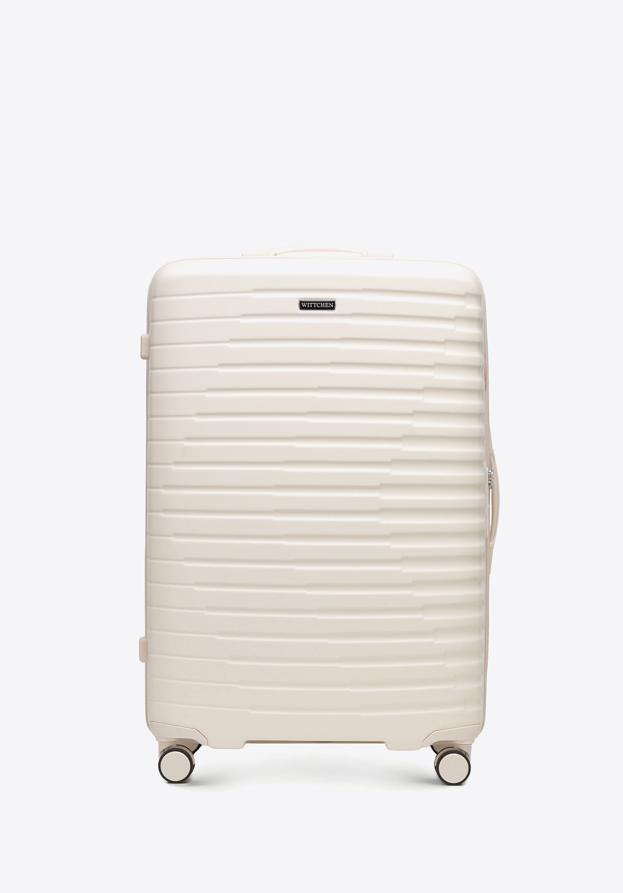 Duża walizka z polikarbonu w poziome żebrowanie kremowa