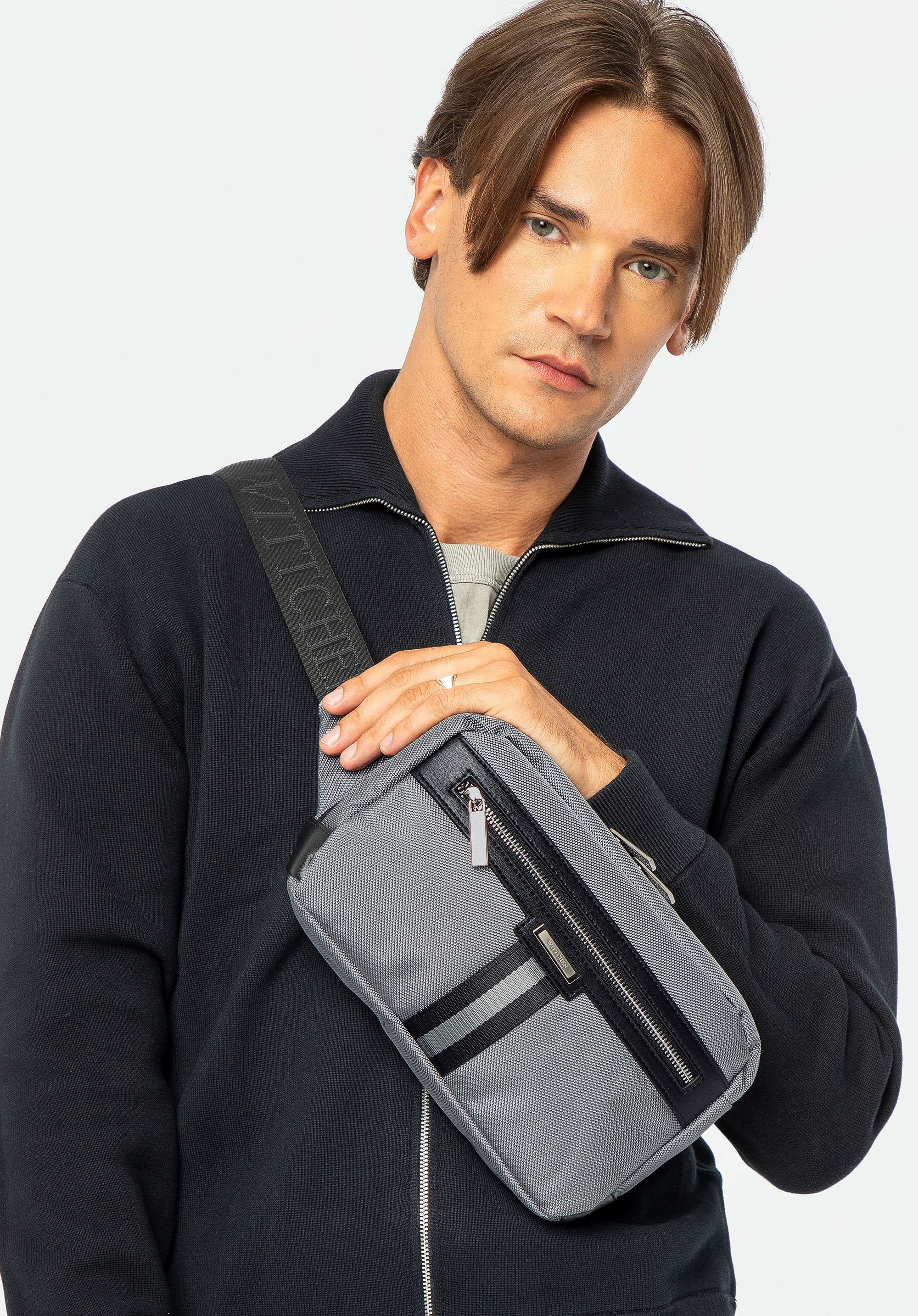 Męska torebka nerka z tasiemką szara