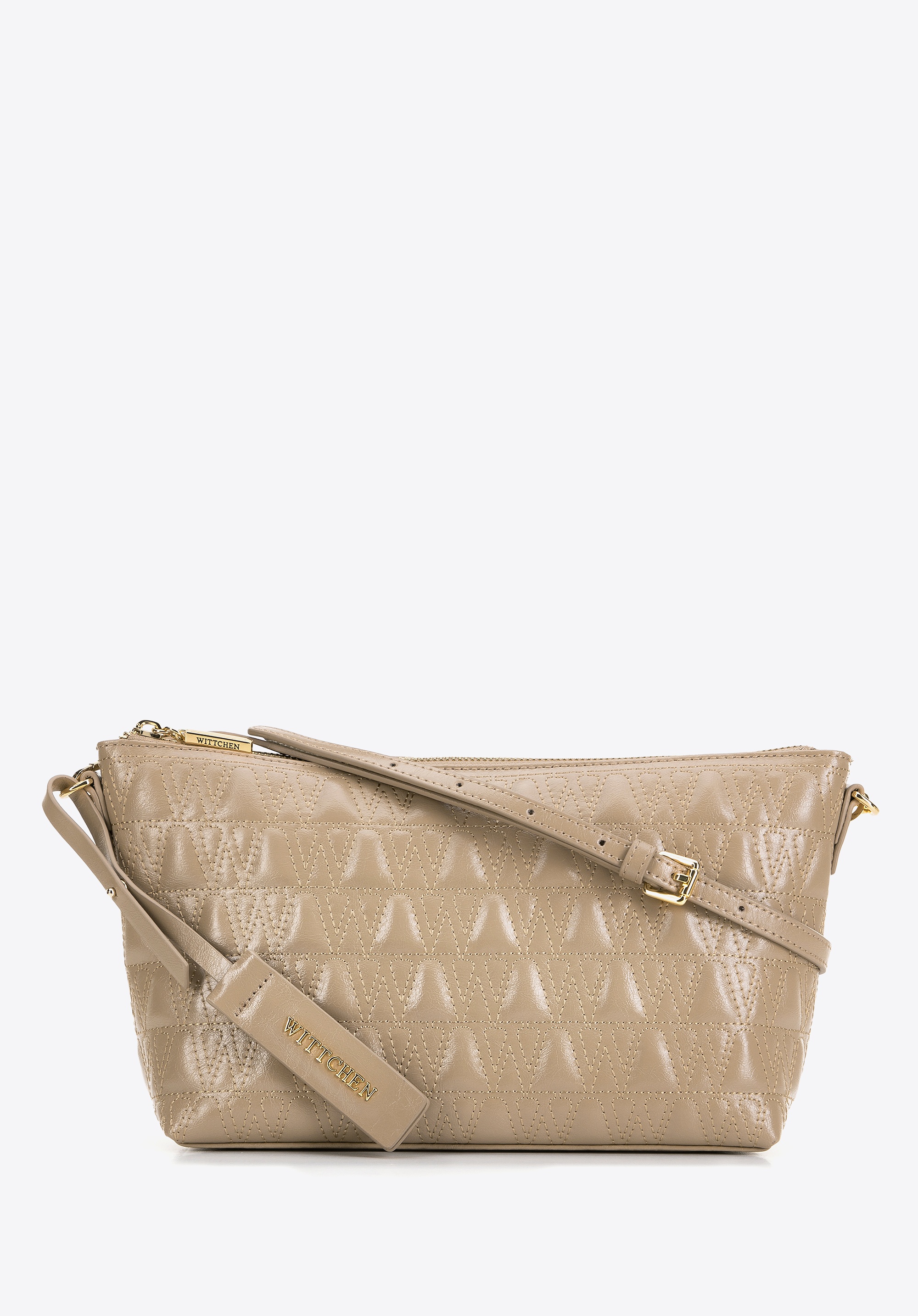 Damska torebka crossbody ze skóry z przeszyciami beżowa