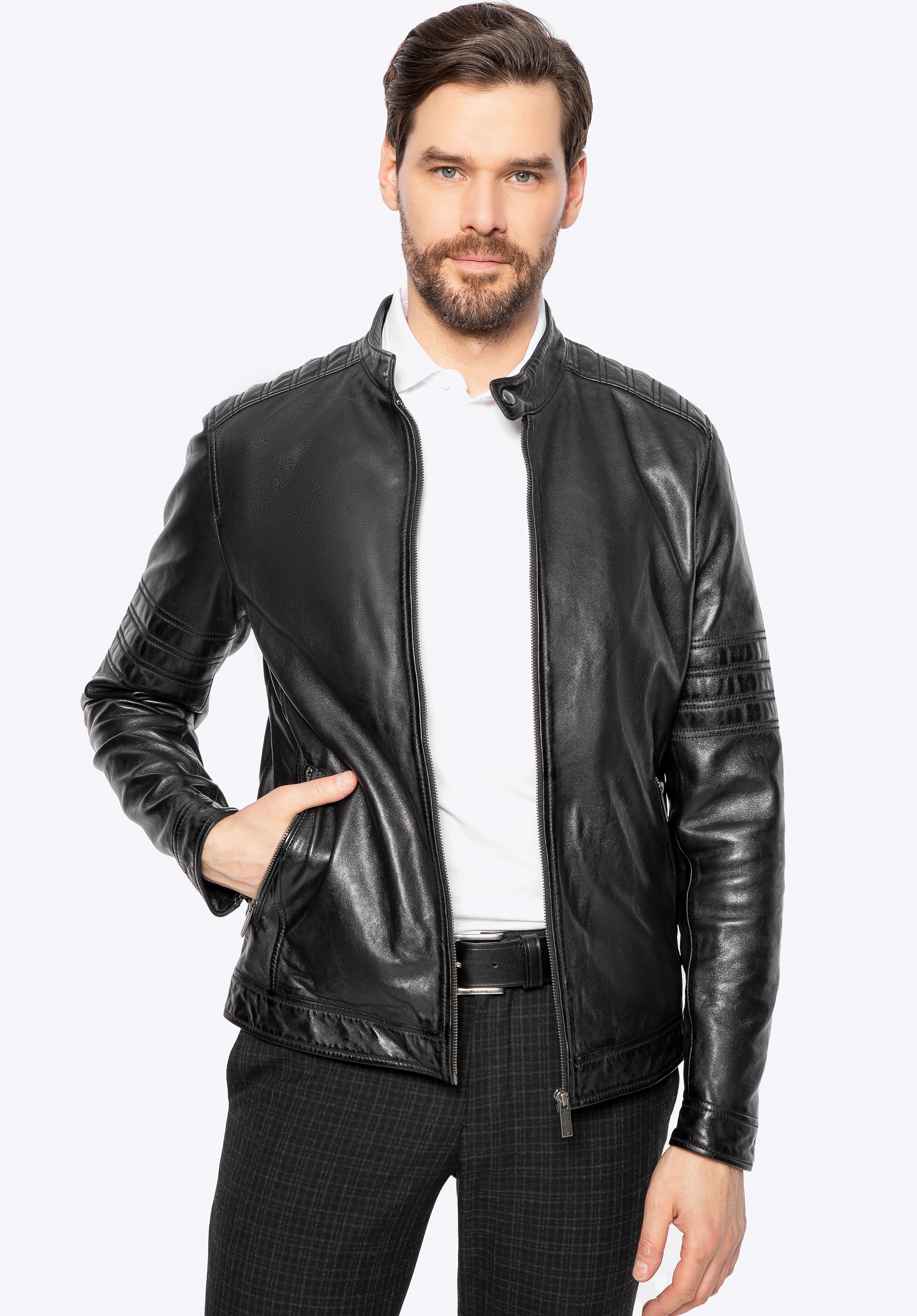 Męska kurtka biker ze skóry z przeszyciami czarna