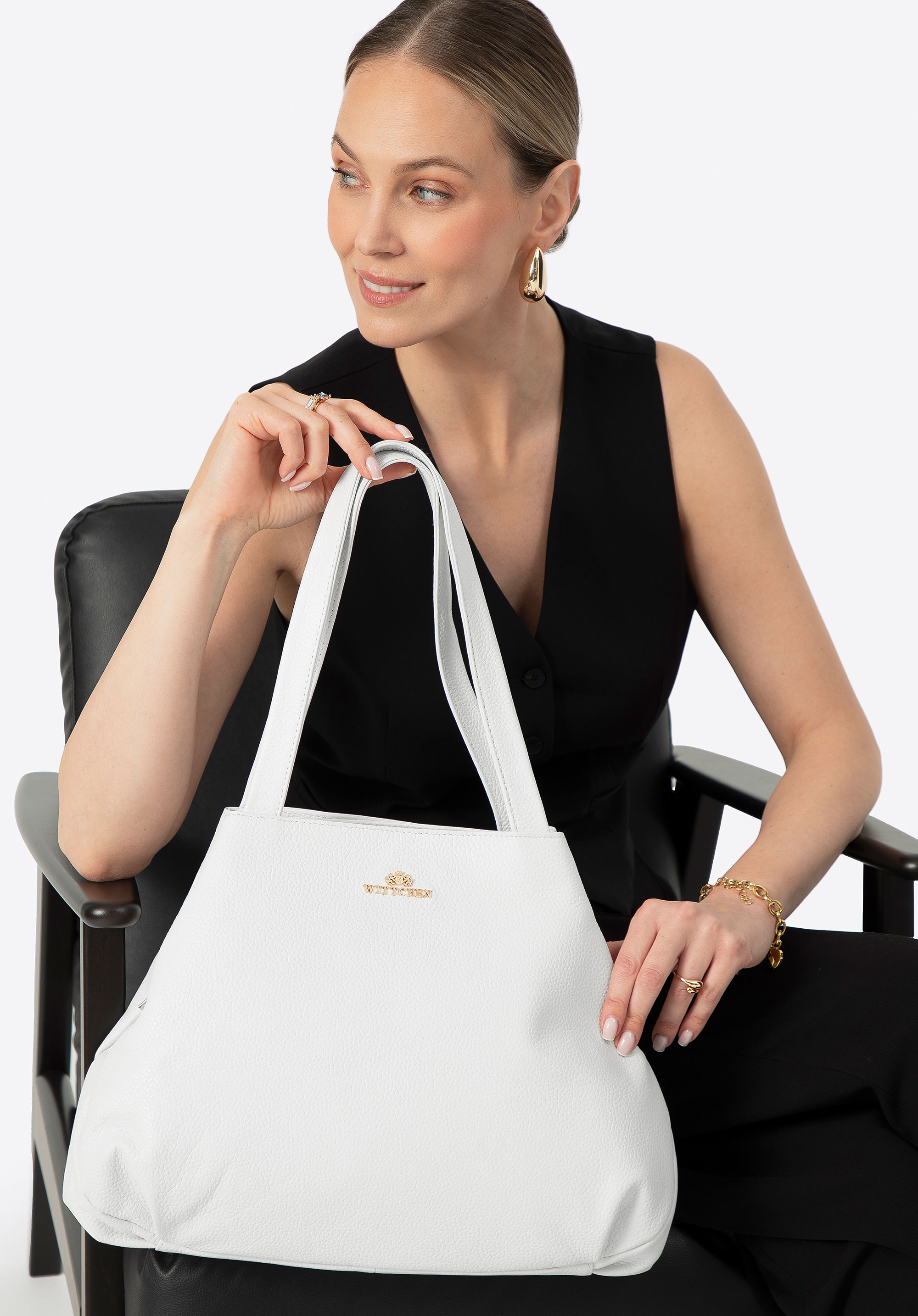 Torebka shopperka ze skóry naturalnej groszkowej biała