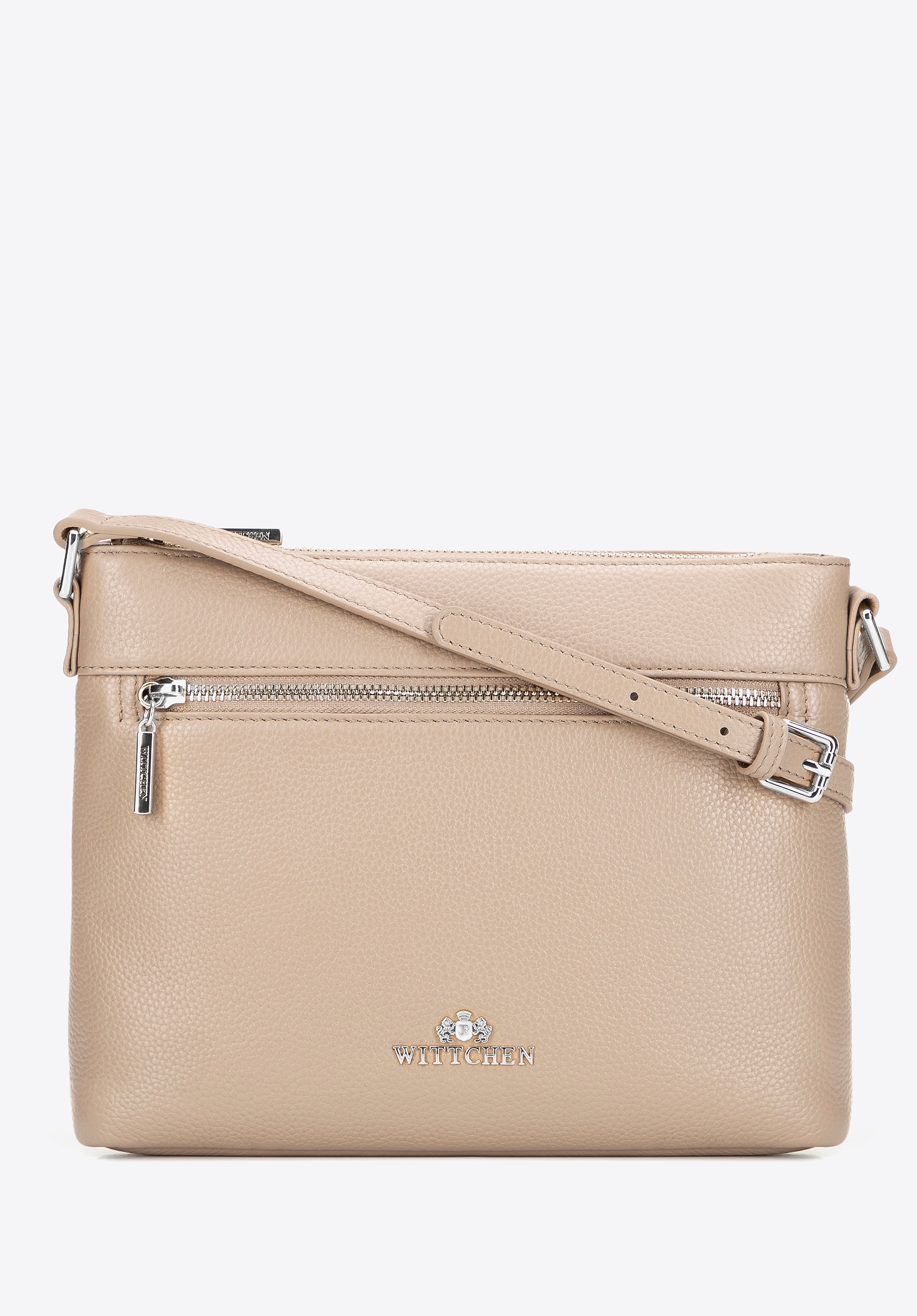 Skórzana listonoszka z regulowanym paskiem beżowo - srebrna