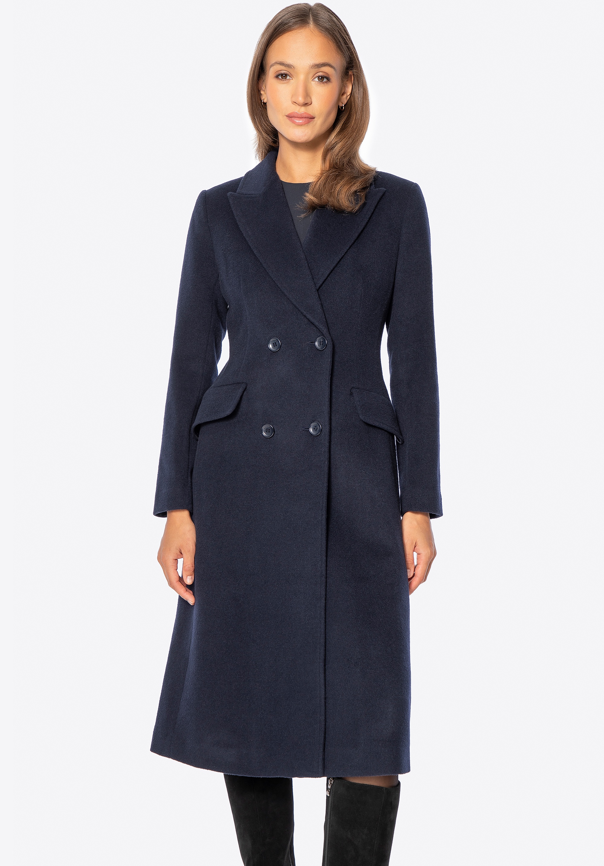 Damski płaszcz z wełny z domieszką kaszmiru granatowy