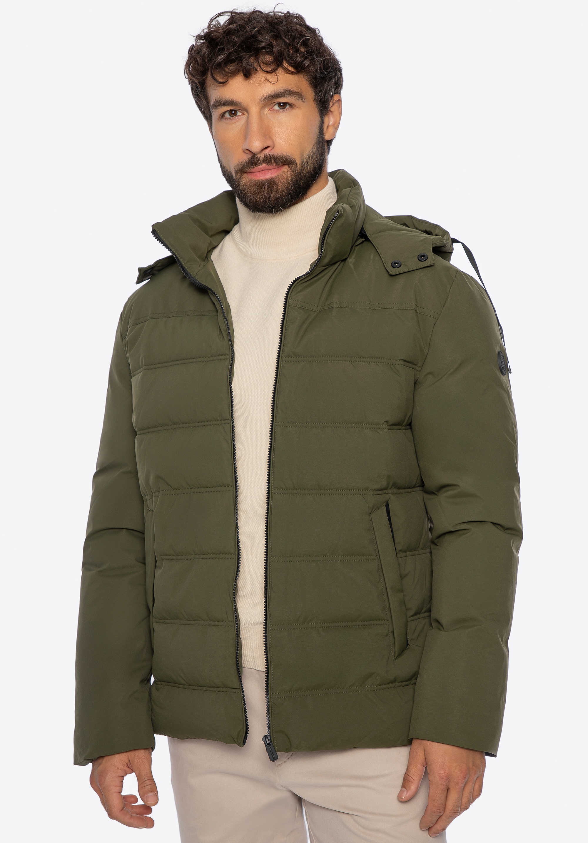 Pikowana męska kurtka z kapturem ciemnozielona