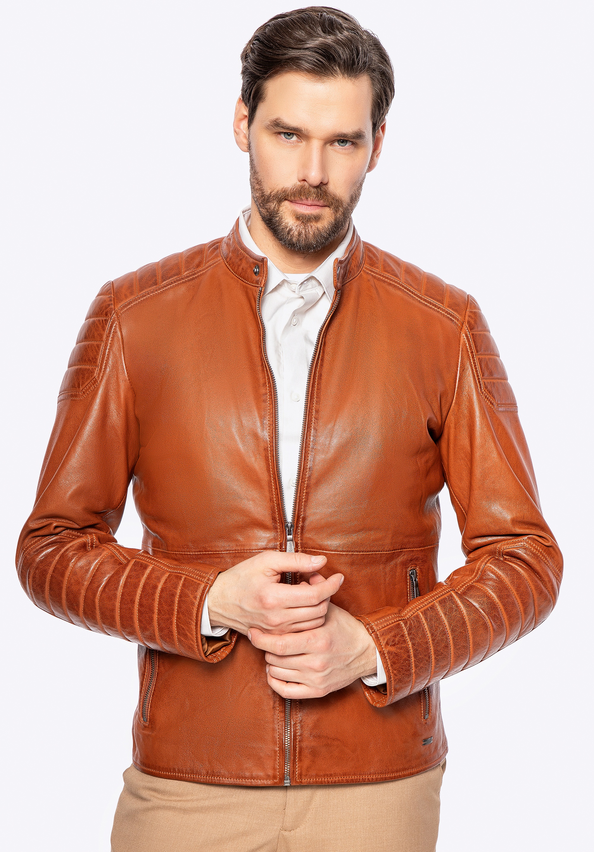 Męska kurtka ze skóry owczej z przeszyciami jasny brąz