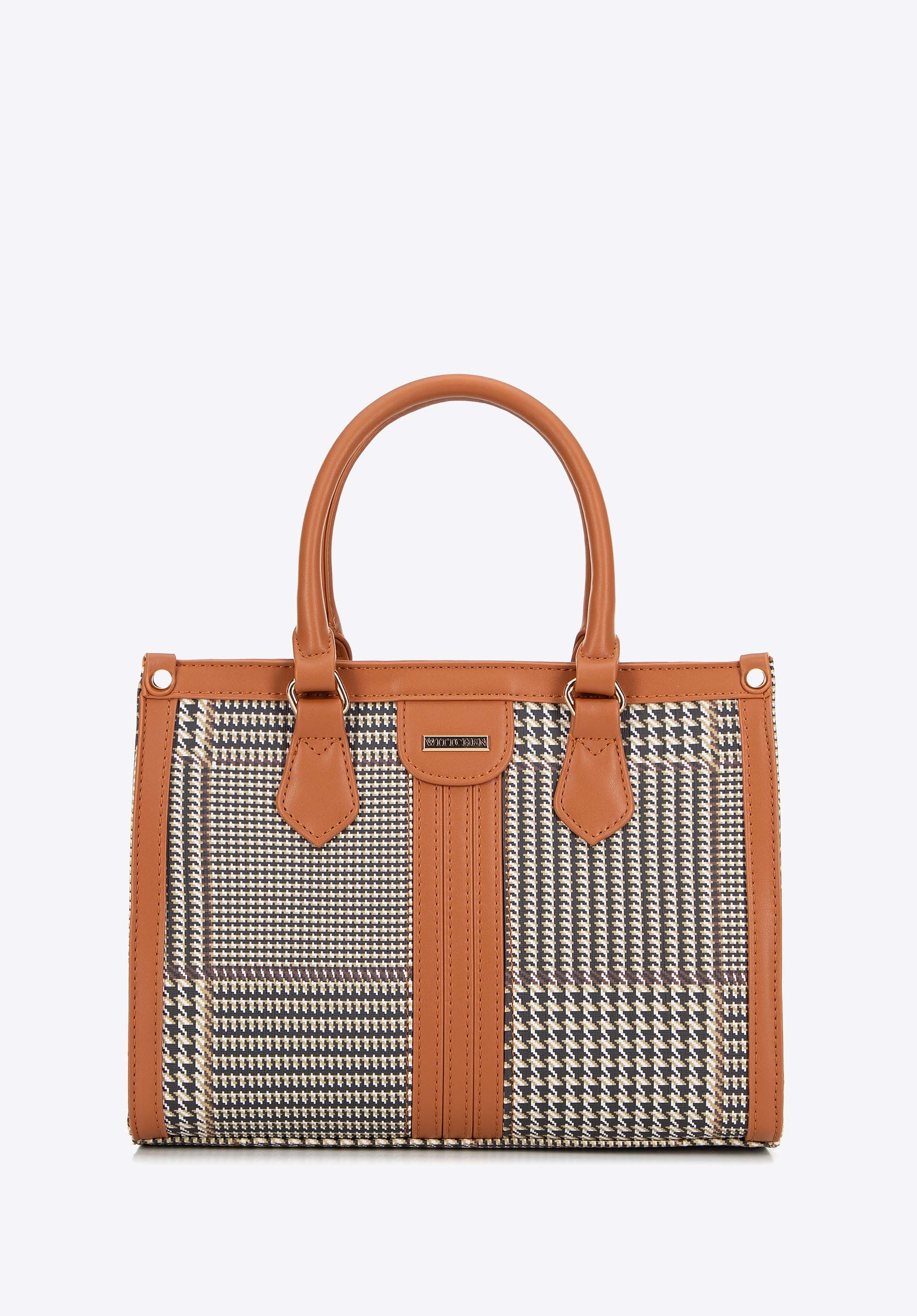 Damski kuferek w pepitkę z ekoskóry brązowy