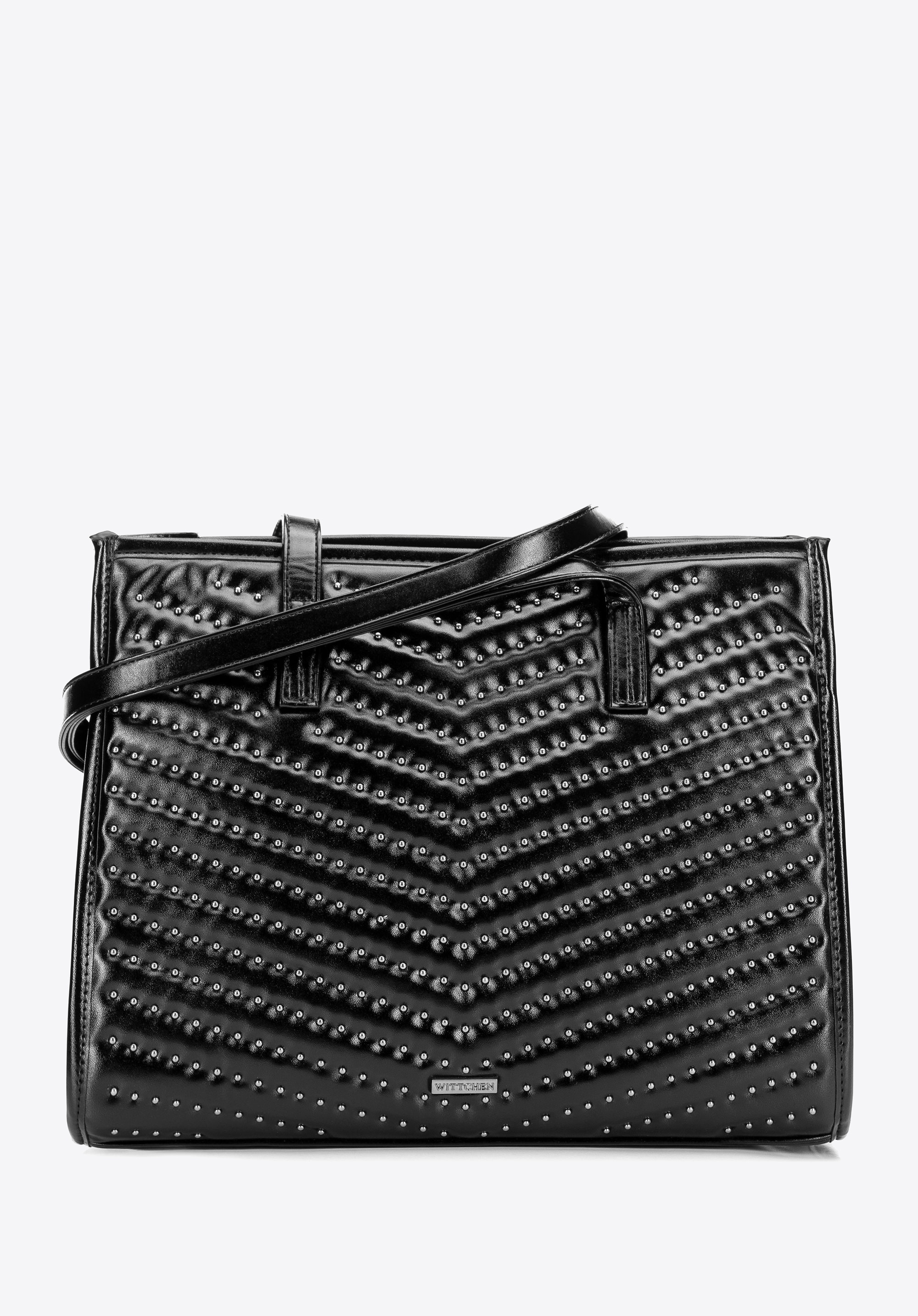 Damska shopperka z imitacji skóry z dżetami czarno - grafitowa