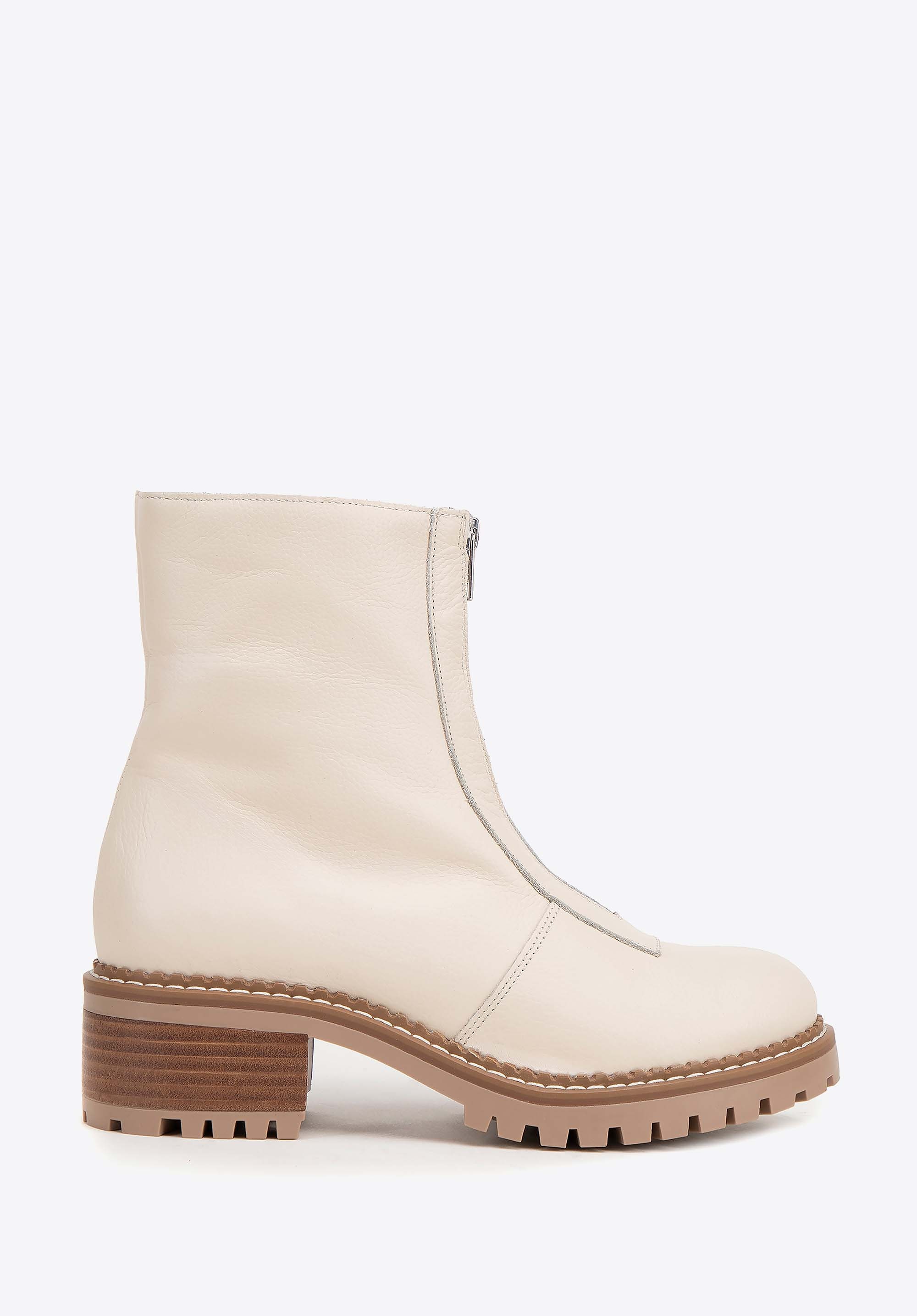 Botki skórzane z suwakiem na przodzie kremowe