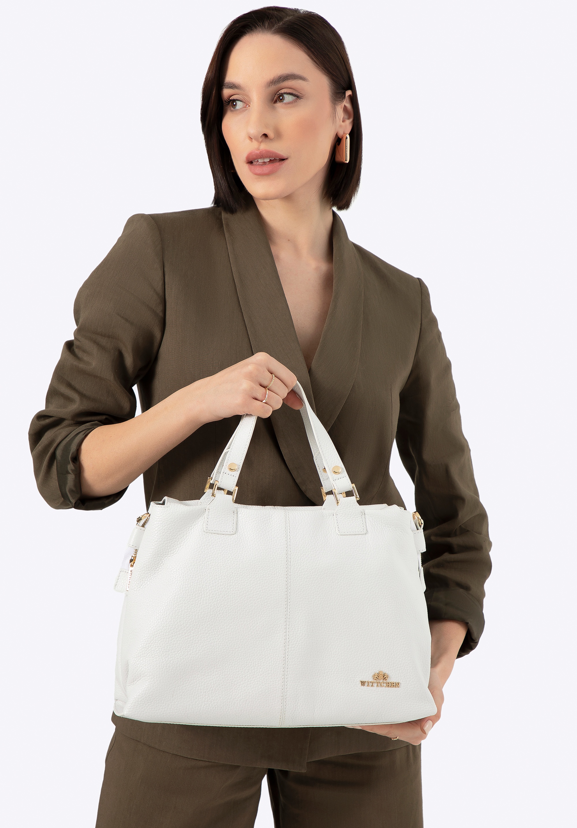 Damska shopperka ze skóry groszkowej dwukomorowa biała