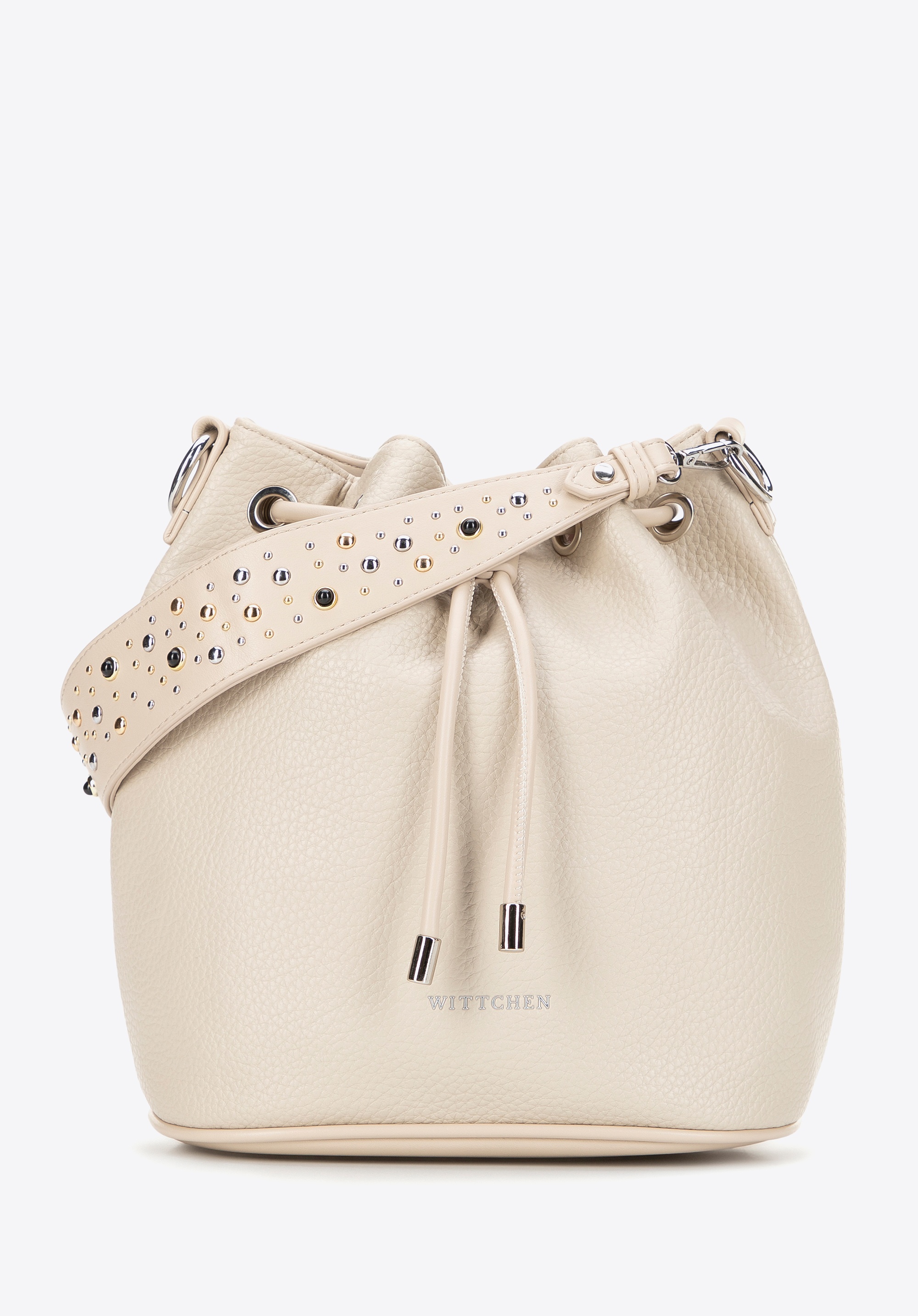 Damska torebka worek z imitacji skóry z dżetami kremowa