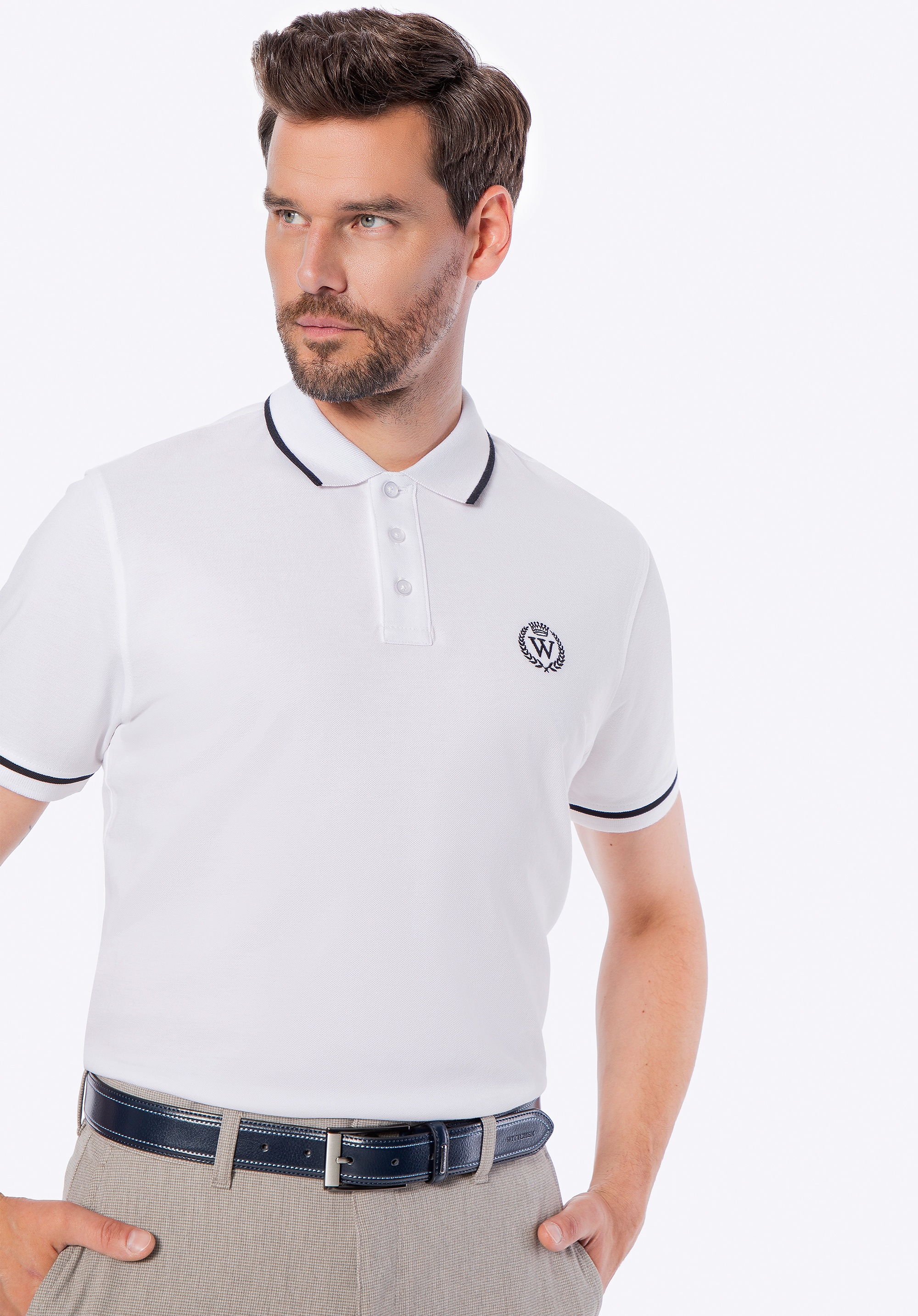 Koszulka polo męska bawełniana z lamówkami biało - czarna