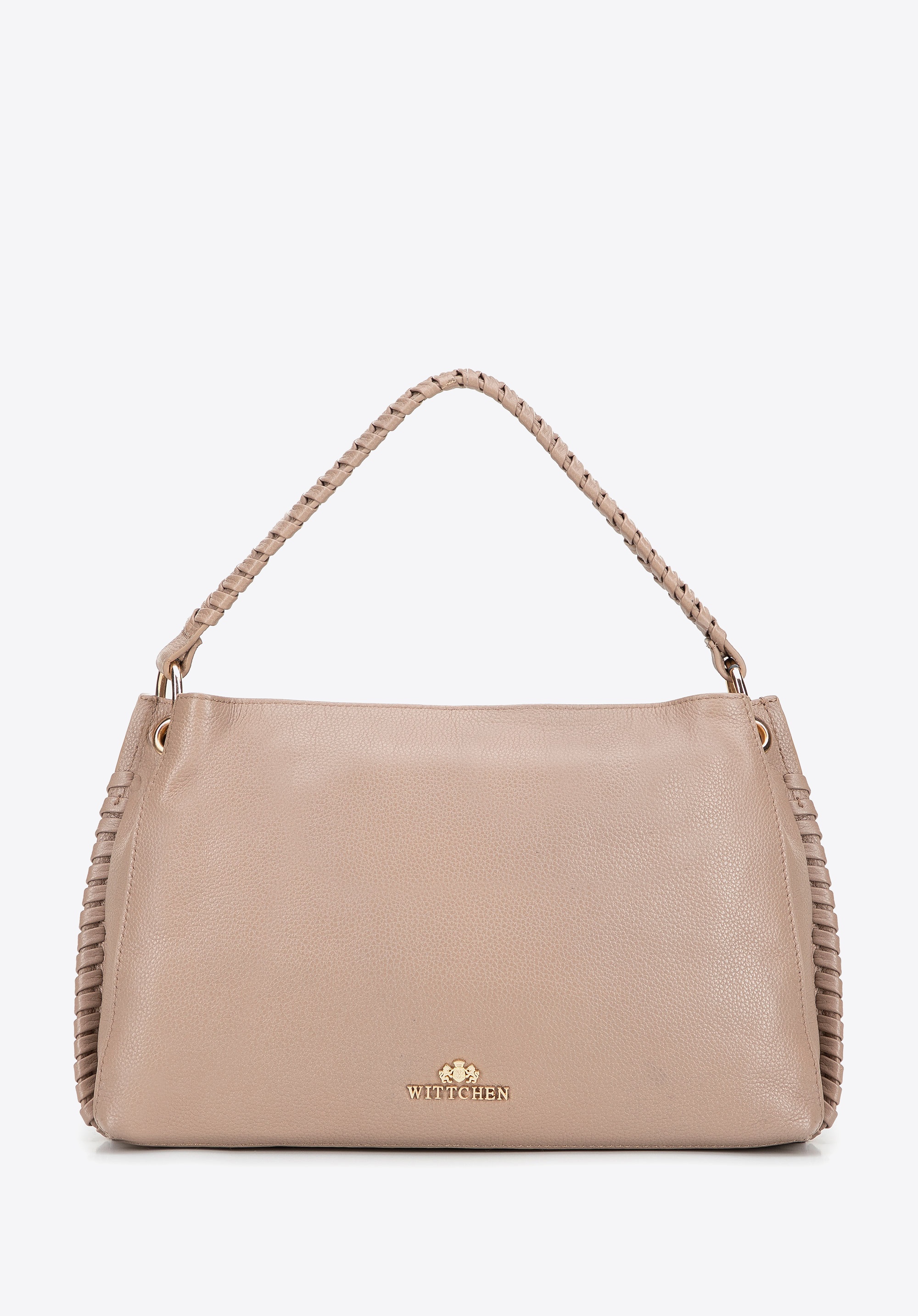 Skórzana torebka na ramię z plecioną rączką beżowa