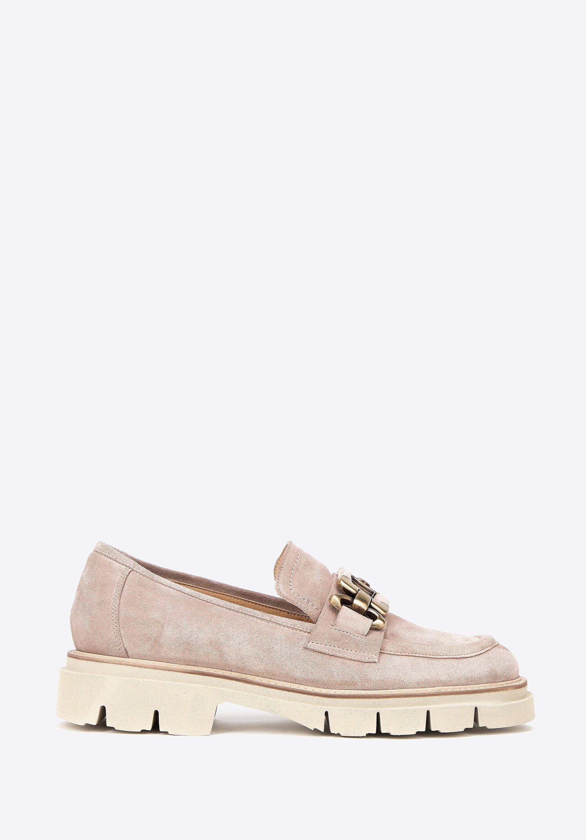 Damskie mokasyny zamszowe z dekoracyjnym łańcuszkiem beżowe