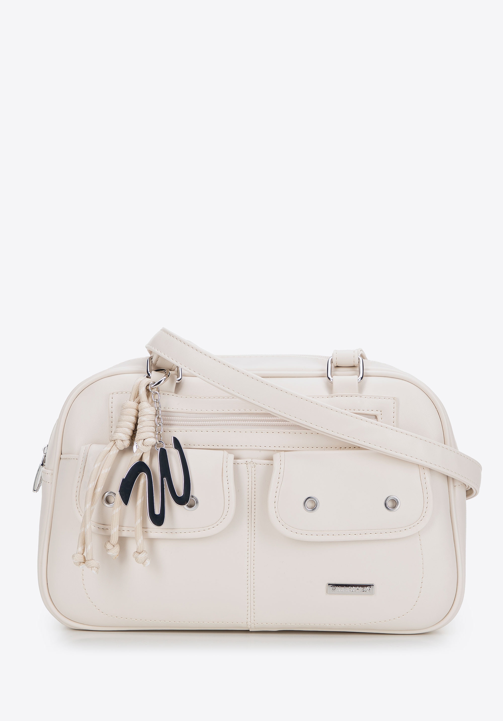 Damska torebka na ramię z imitacji skóry z kieszonkami kremowa