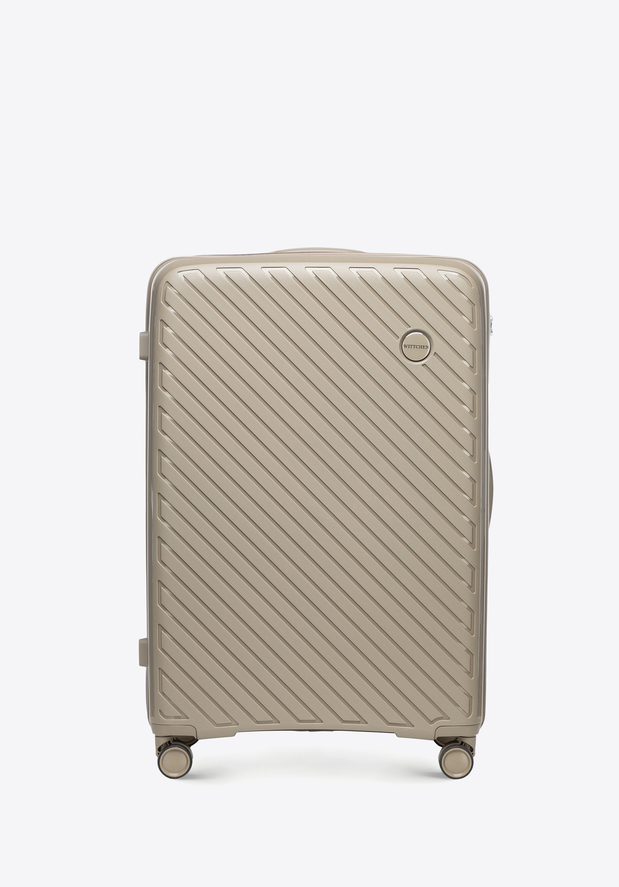 Duża walizka z polipropylenu w tłoczone paski ciemny beż