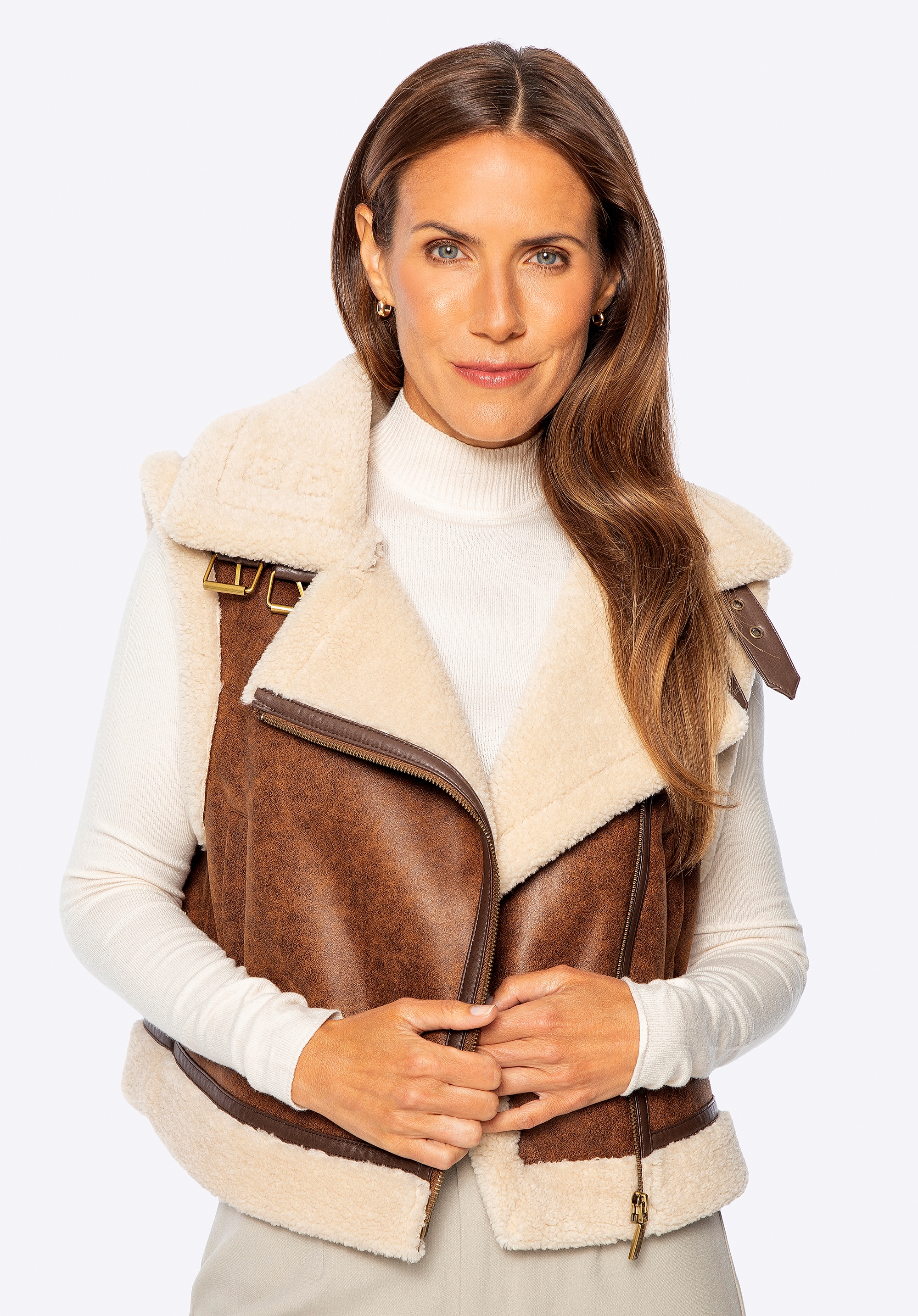 Kamizelka damska ze sztucznym kożuchem brązowa