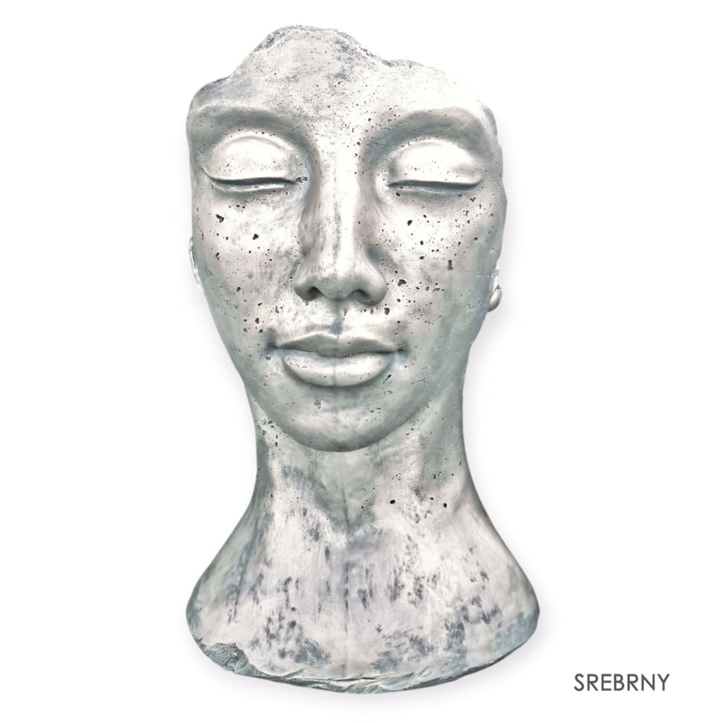 Rzeźba ogrodowa twarz kobiety 120cm XXL kolor srebrny, betonowa - imponująca dekoracja ogrodowa