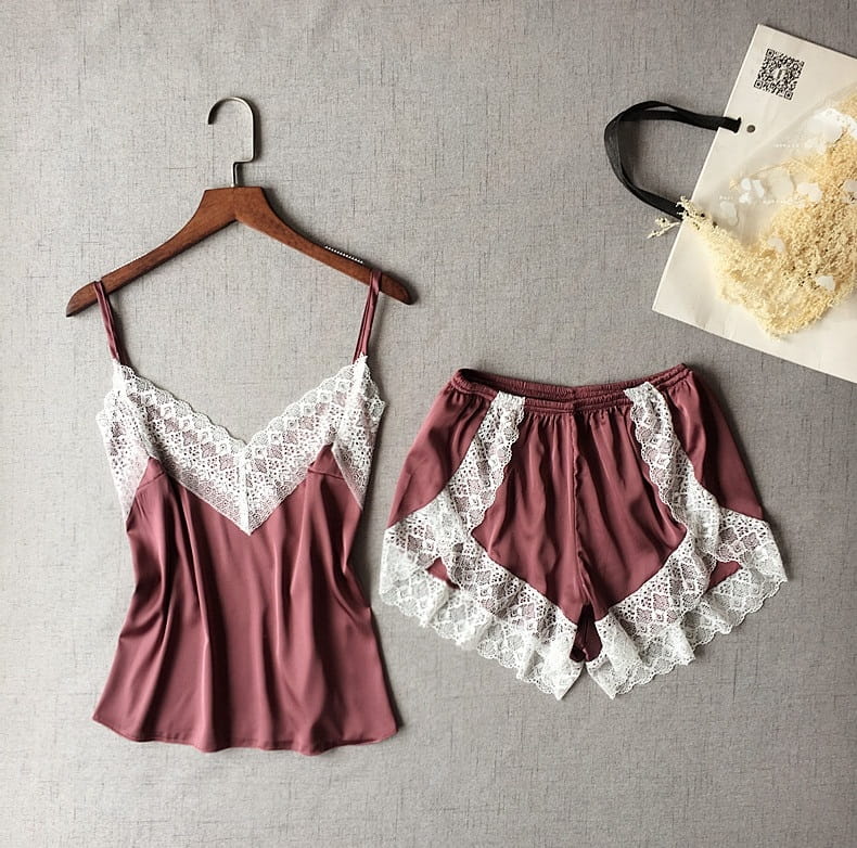 Piżama damska z białą koronką Y013