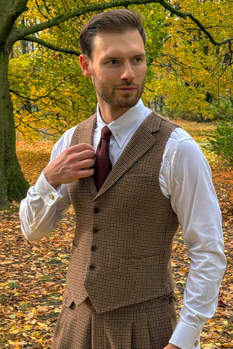 Kamizelka tweedowa Gun Club, brązowa, wełniana