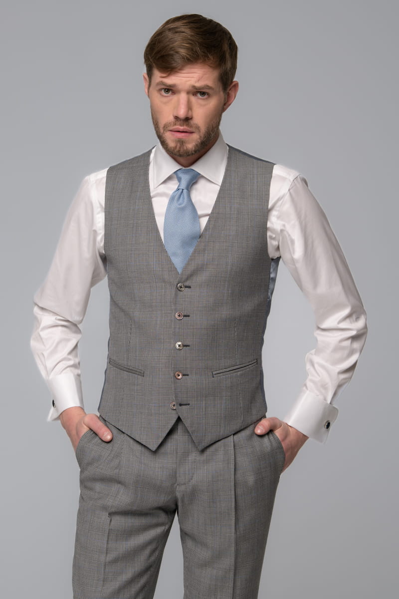 Szara kamizelka w kratę Prince of Wales, niebieska, wełniana