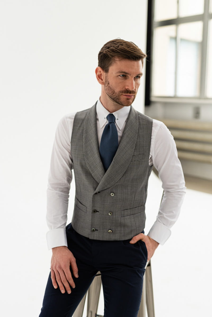 BESTSELLER Szara kamizelka w niebieską kratę Prince of Wales, dwurzędowa, wełniana