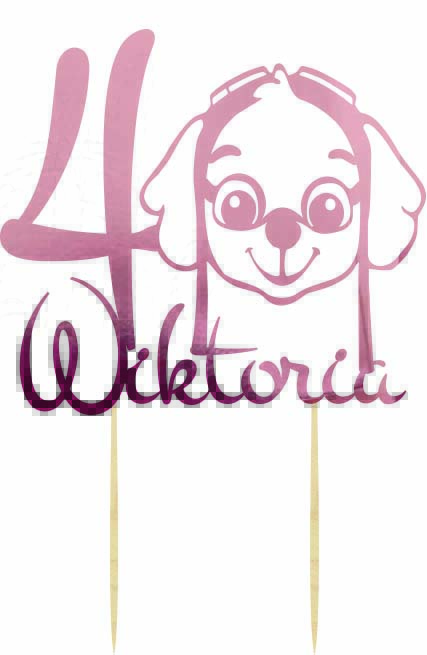 Topper urodzinowy Psi Patrol Sky napis różowe złoto dekoracja na tort pik z imieniem