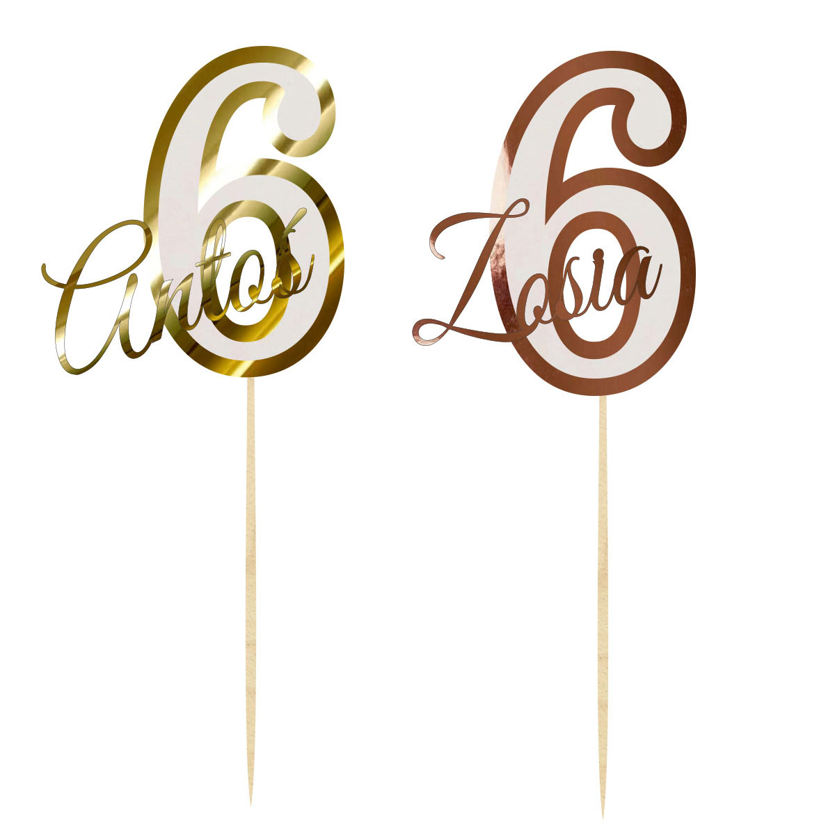 Topper urodzinowy cyferka liczba 6 z imieniem dekoracja na tort pik lustrzane złoto lub różowe złoto