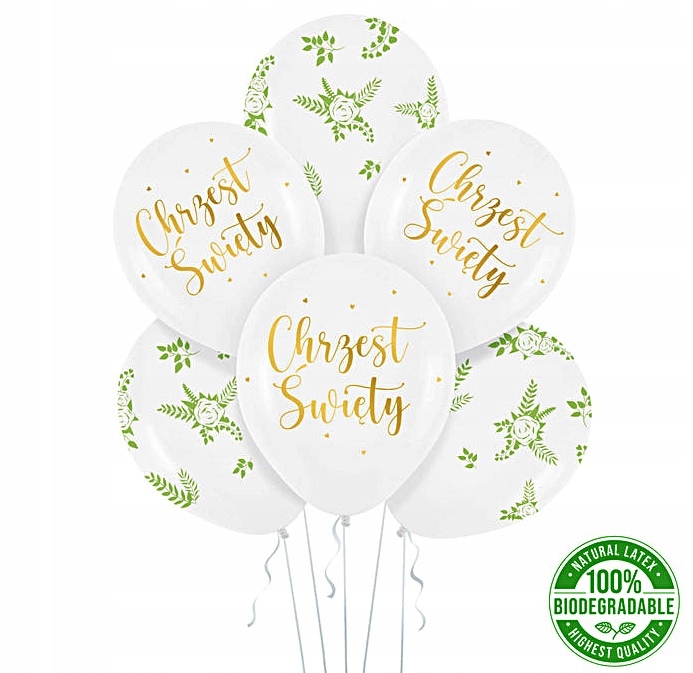 Zestaw balonów na Chrzest Święty biało - złoto- zielone 6 szt.