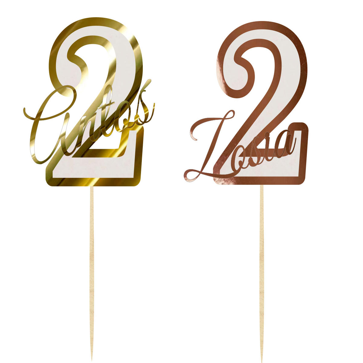 Topper urodzinowy cyferka liczba 2 z imieniem dekoracja na tort pik lustrzane złoto lub różowe złoto