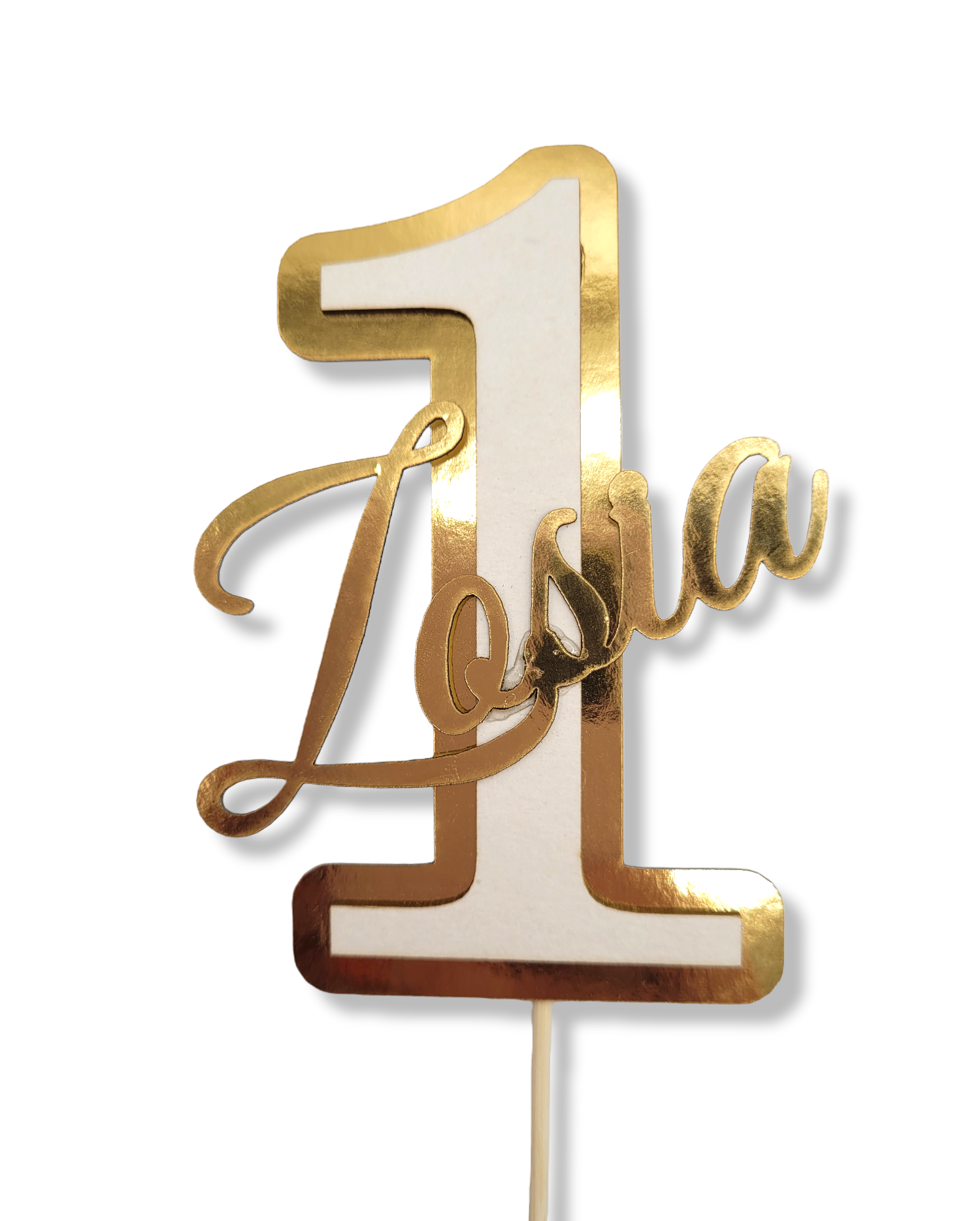 Topper urodzinowy cyferka liczba 1 roczek z imieniem dekoracja na tort pik lustrzane złoto