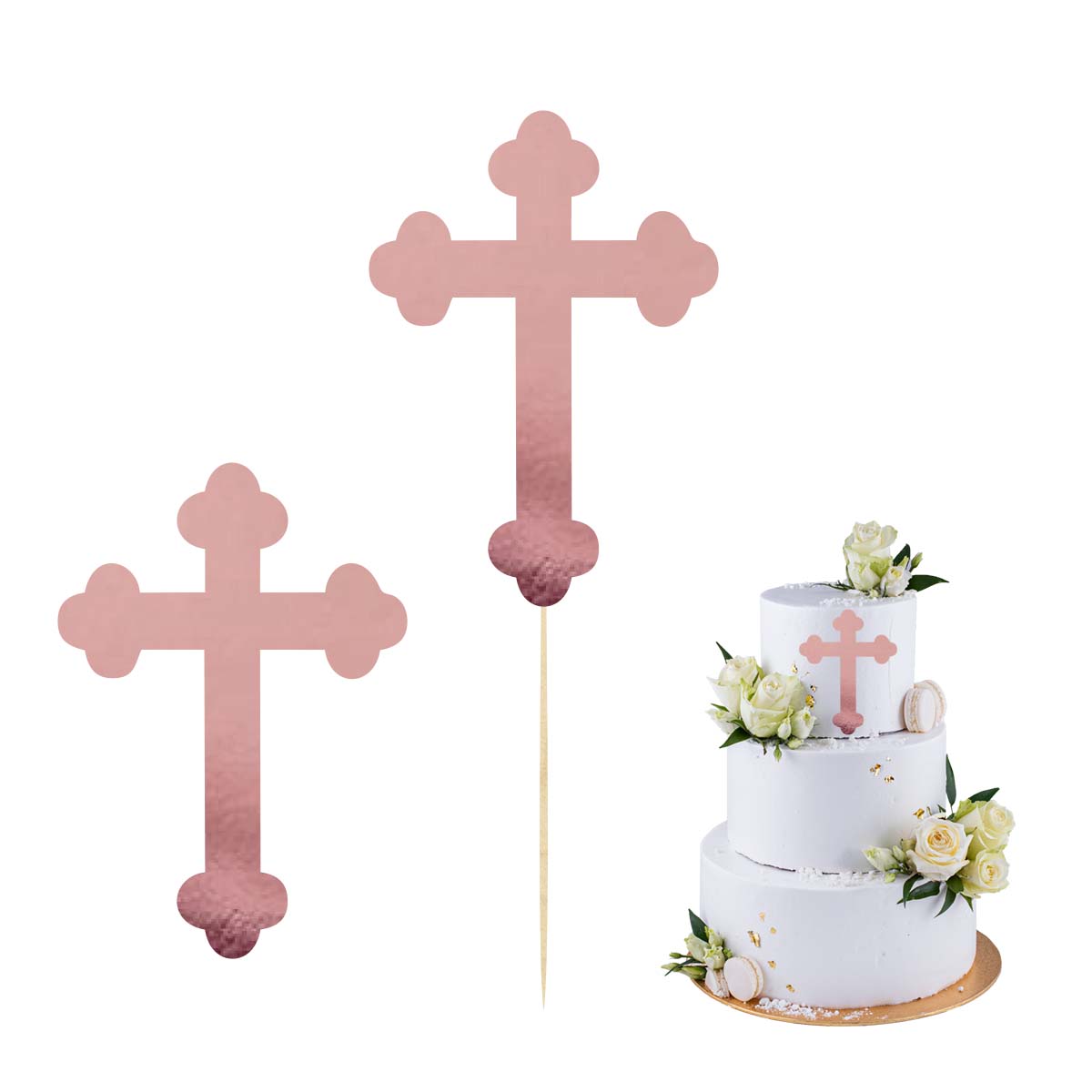 Topper na bok tortu krzyż różowe złoto dekoracja na Komunię Świętą pik scrapki
