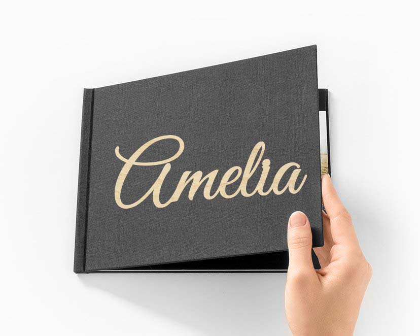 Napis Emblemat imię na ksiegę gości album do zdjęć drewno, dekoracja na Komunię Świętą Chrzest Święty