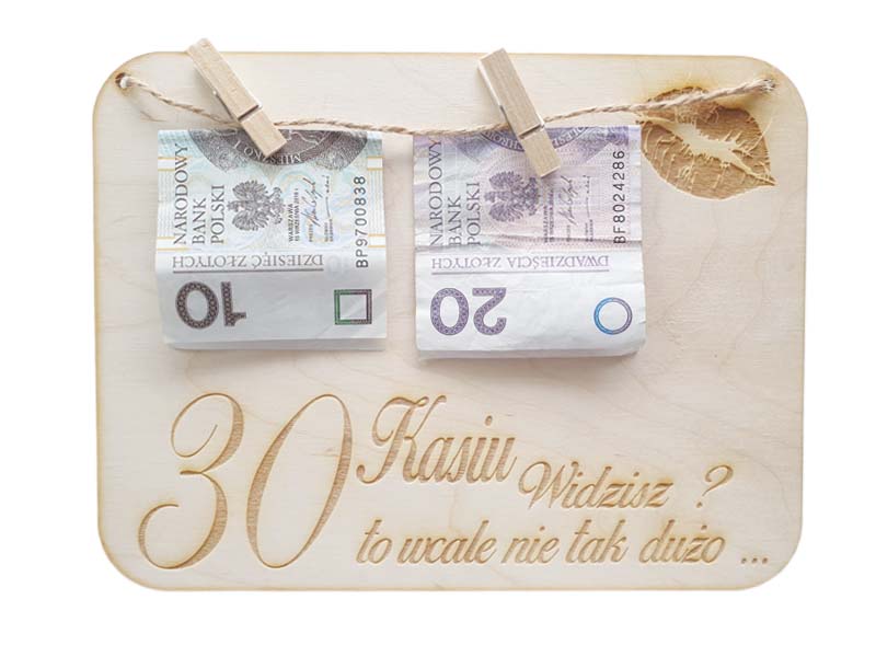 Drewniana kartka na prezent, pieniądze- 30 urodziny IMIĘ, grawer