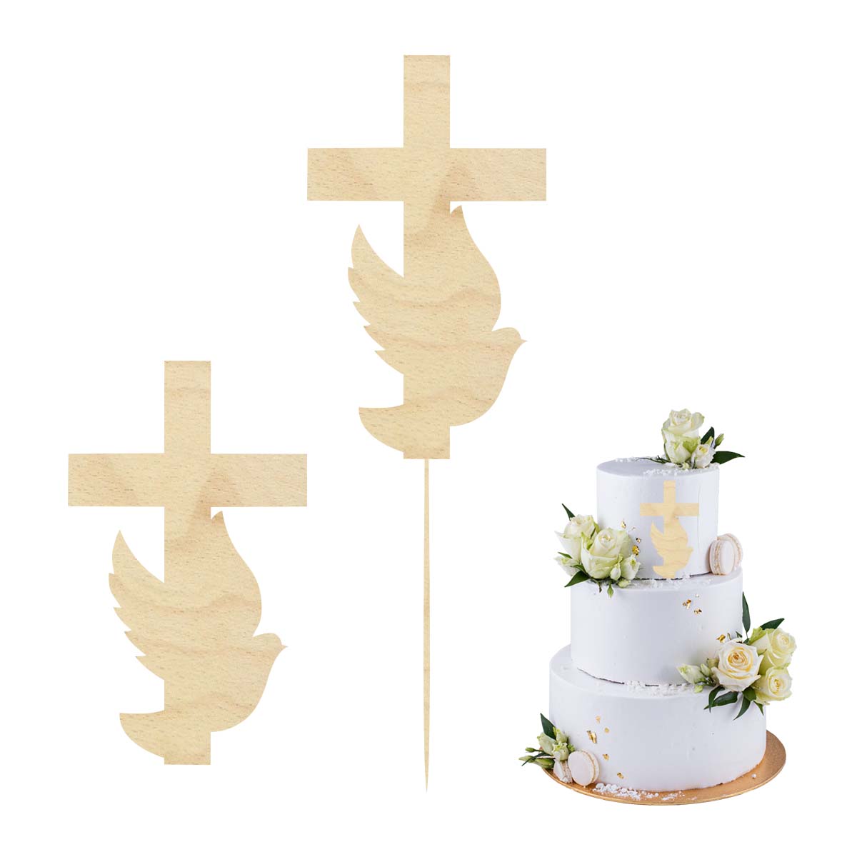 Topper na bok tortu gołąb i krzyż drewniany dekoracja na Komunię Świętą pik scrapki