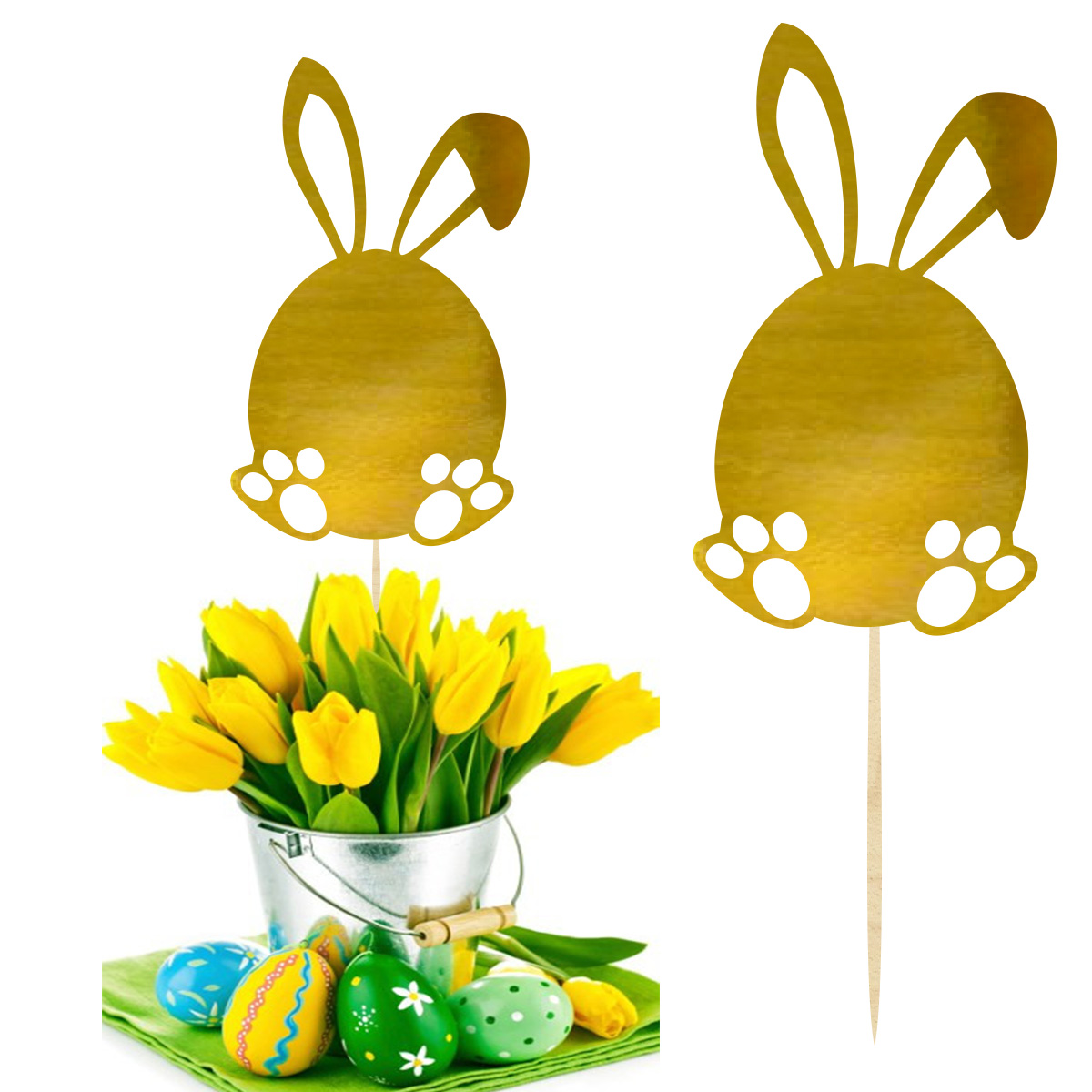 Topper dekoracja na bok pik wielkanocny króliczek jajko do prezentu, babeczki lub bukietu kwiatów złote lustro
