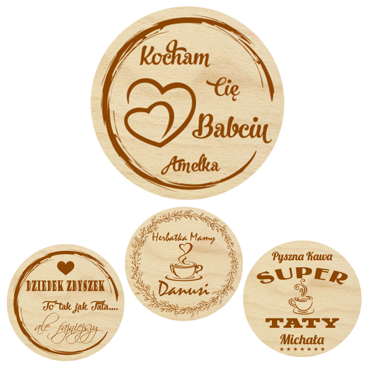 Drewniana podstawka podkładka pod kubek szklankę świecę dla Babci Dziadka Mamy i Taty z Imieniem na prezent śiwęta grawer personalizacja słowo napis