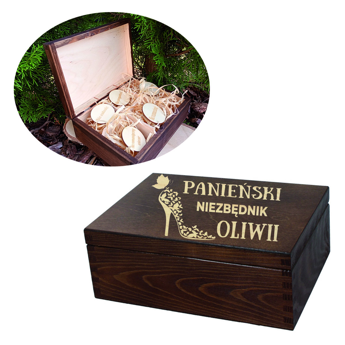 Drewniane pudełko, niezbędnik, prezent na wieczór panieński personalizacja brąz