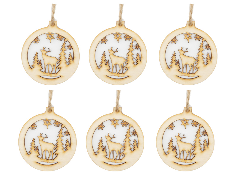 Drewniane zawieszki świąteczne, bombki choinkowe, ozdoba na Boże Narodzenie, BOMBKA 8 cm, naturalne drewno (1 op. / 6 szt.)
