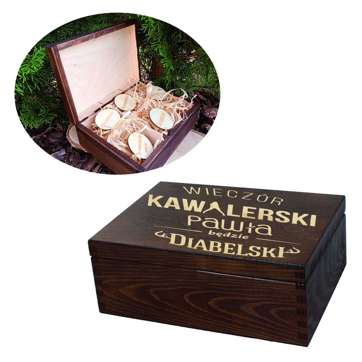 Drewniane pudełko, niezbędnik, prezent na wieczór kawalerski personalizacja brąz