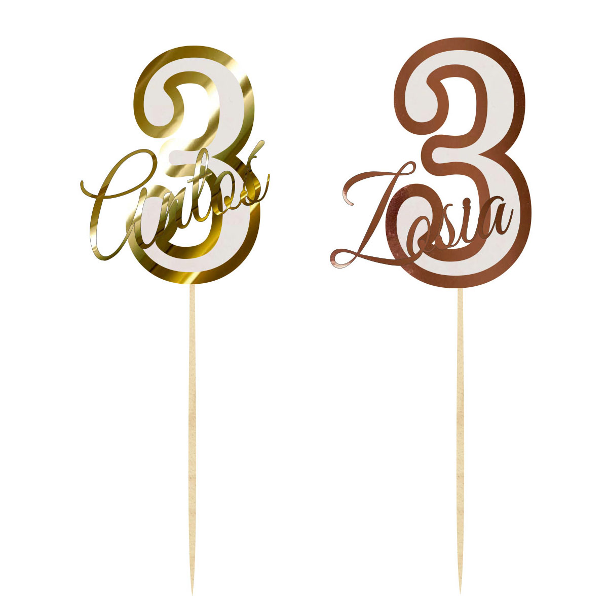 Topper urodzinowy cyferka liczba 3 z imieniem dekoracja na tort pik lustrzane złoto lub różowe złoto