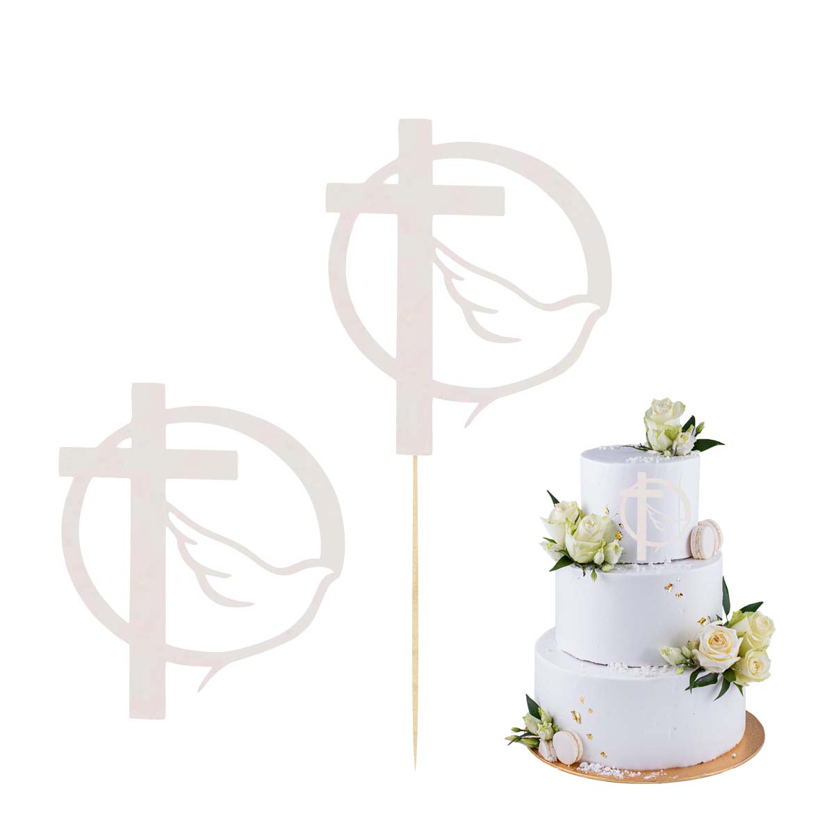 Topper na bok tortu gołąb i krzyż biały, dekoracja na Komunię Świętą pik scrapki