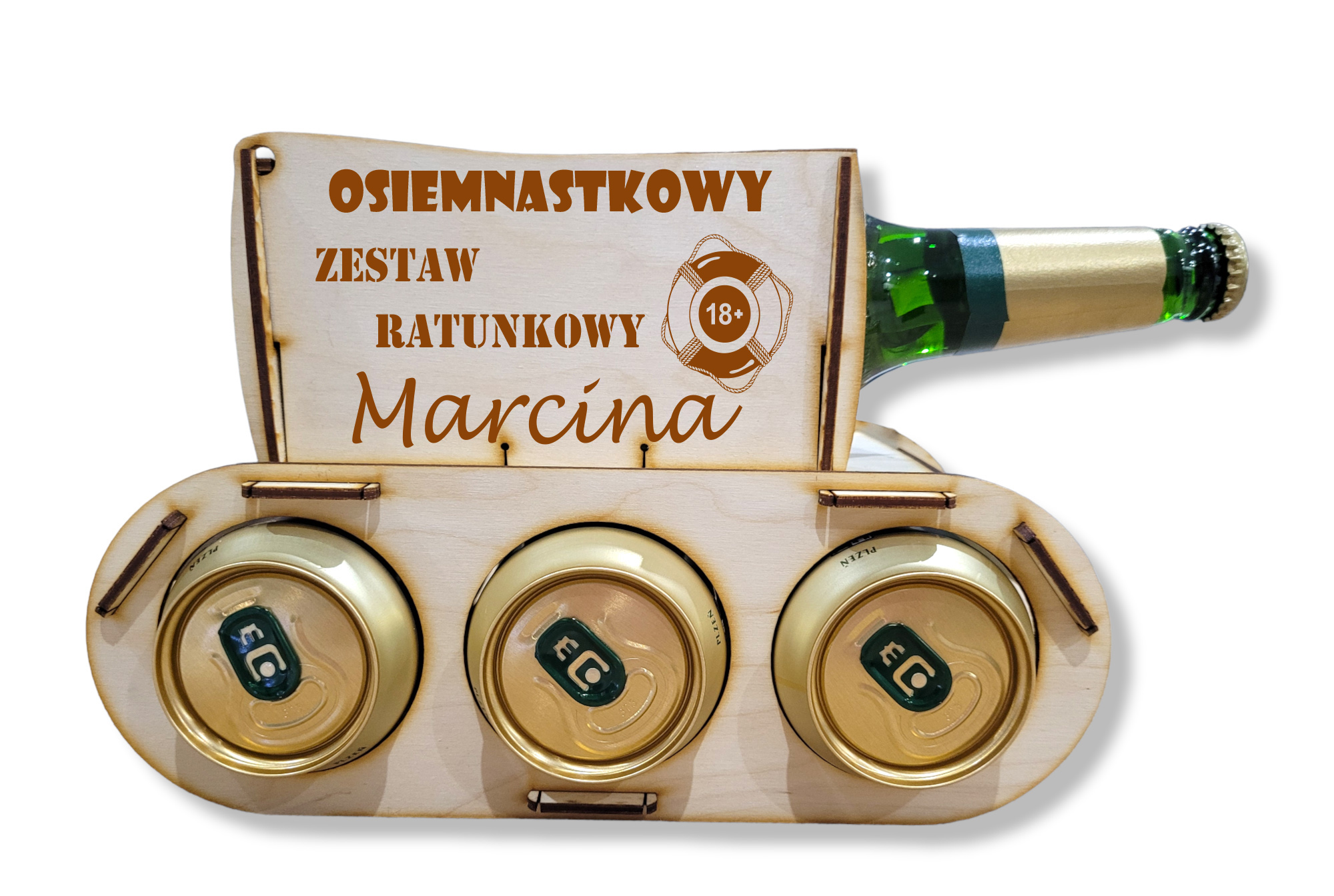 Drewniany czołg na piwo, alkohol, prezent 18, 30, 40, 50 urodziny dla dziadka, chłopaka, taty, kawalerski - GRAWER, IMIĘ, NAPIS