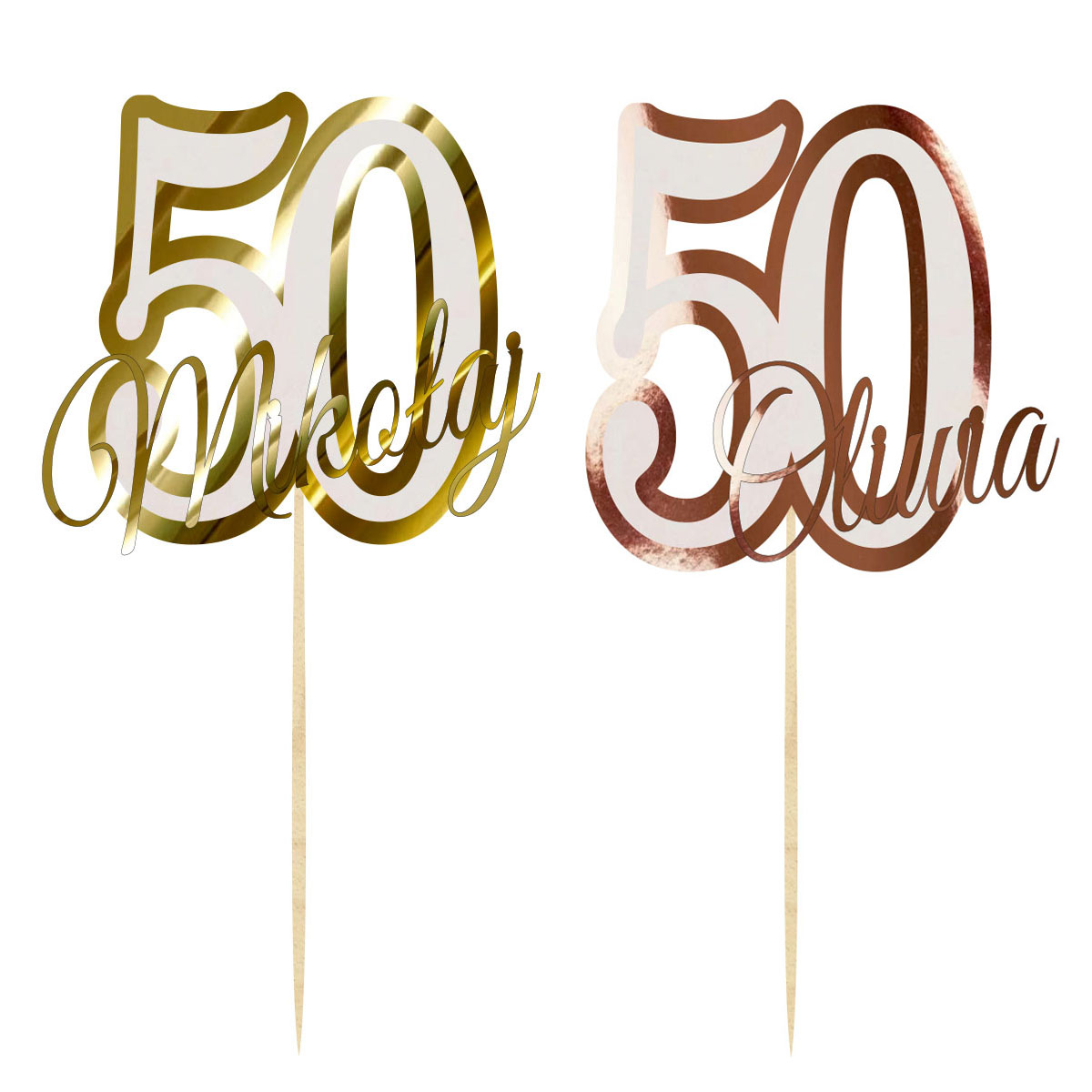 Topper urodzinowy cyferka liczba 50 z imieniem dekoracja na tort pik lustrzane złoto lub różowe złoto