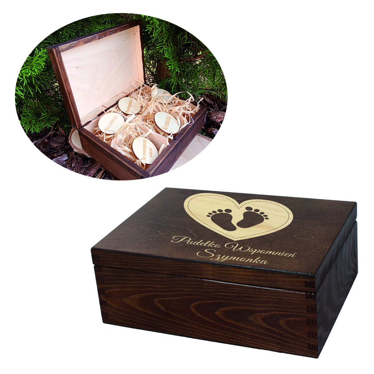 Drewniane pudełko, niezbędnik, prezent na narodziny roczek dziecka od chrzestnych personalizacja brąz